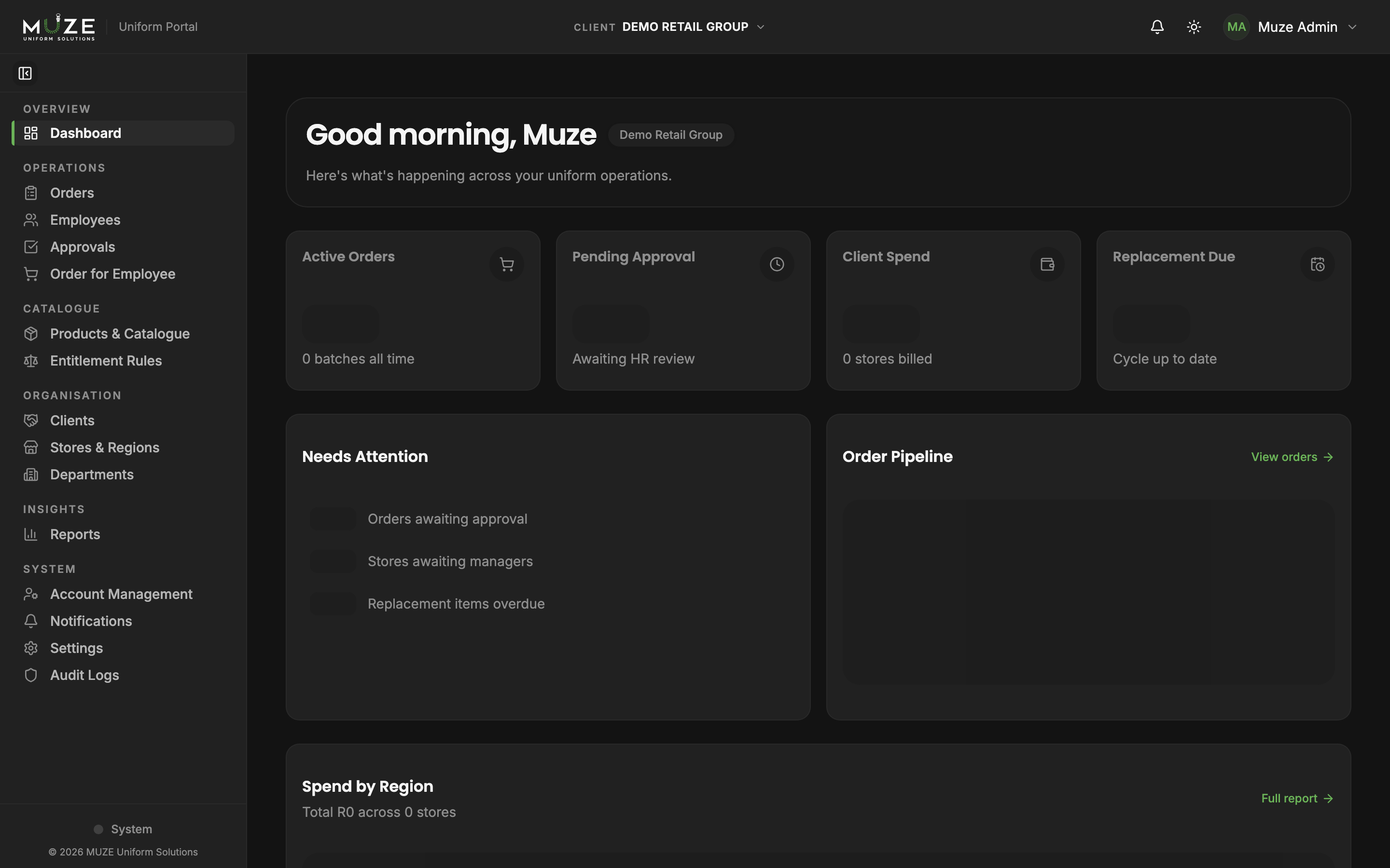 The MUZE portal in dark mode: navigation bar, sidebar, and dashboard