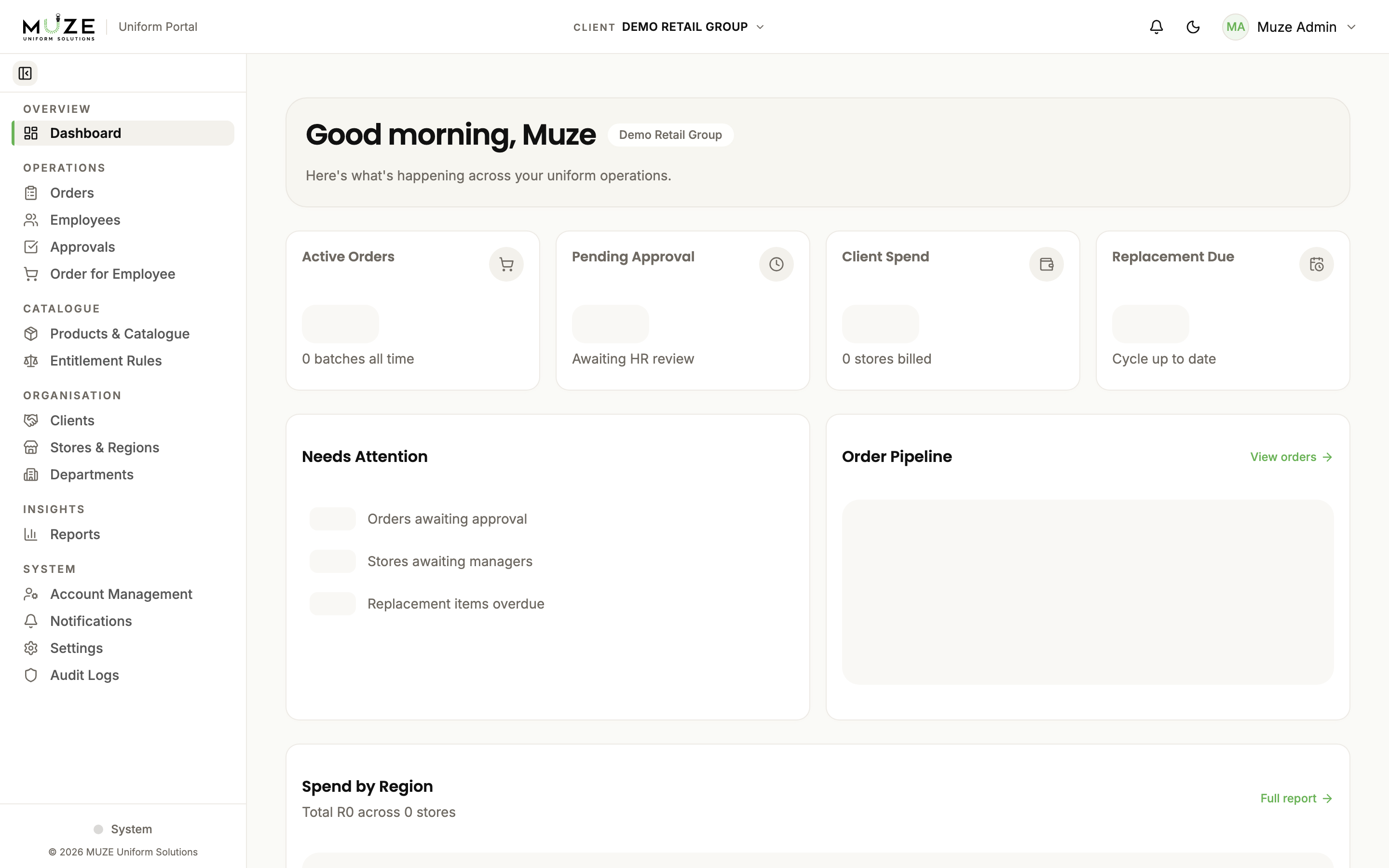 The MUZE portal in light mode: navigation bar, sidebar, and dashboard