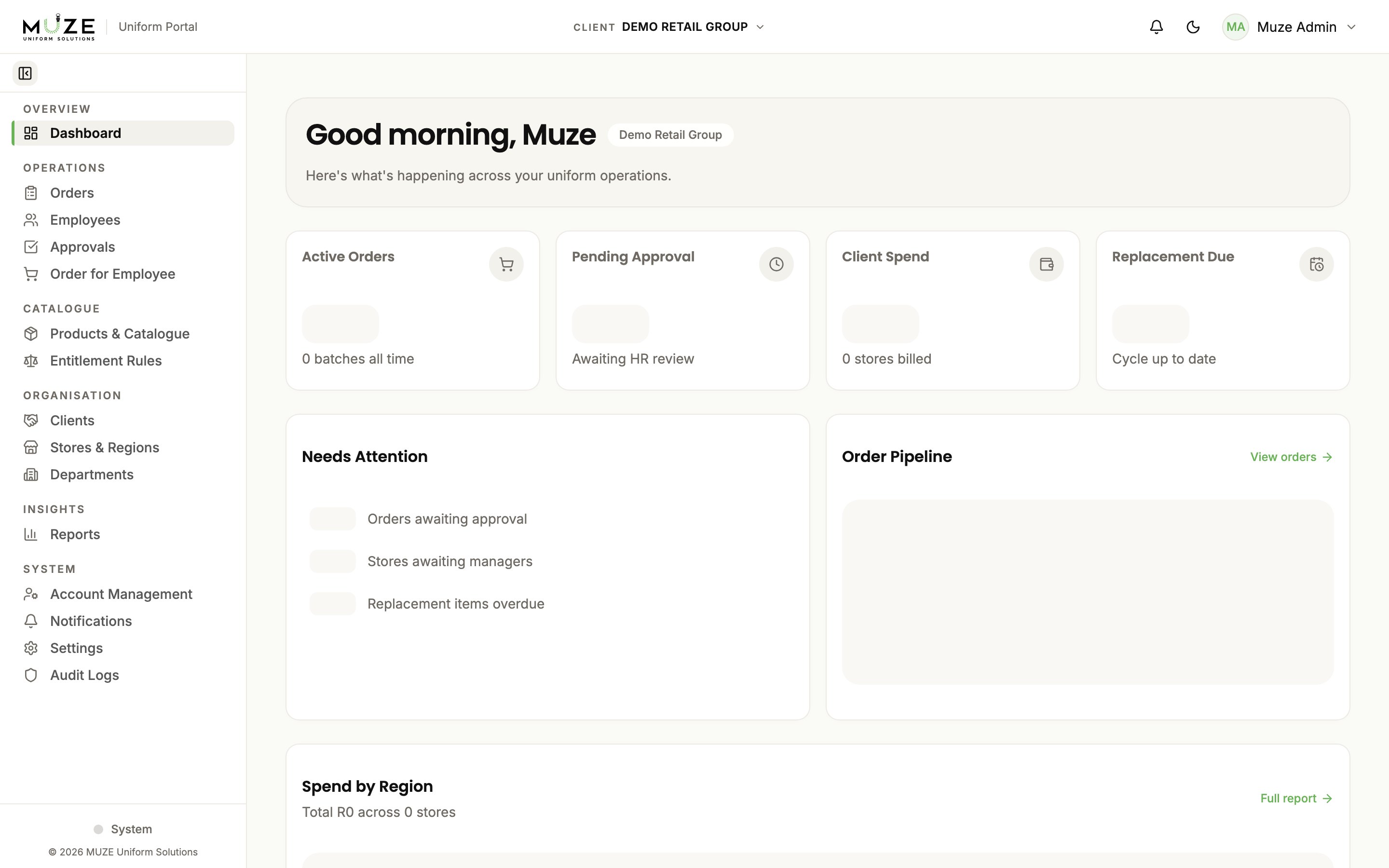 The MUZE portal in light mode: navigation bar, sidebar, and dashboard