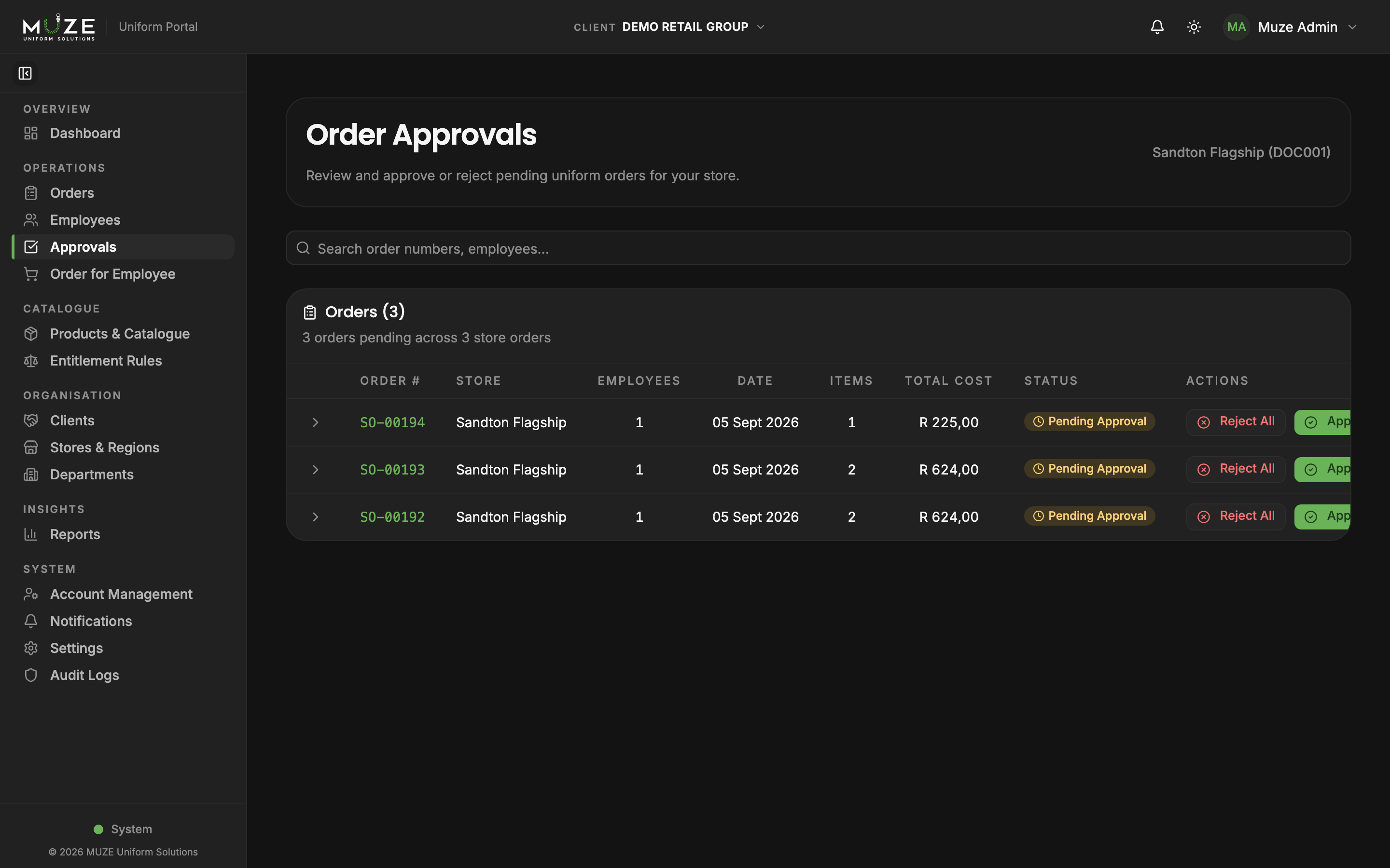 The approvals queue in dark mode