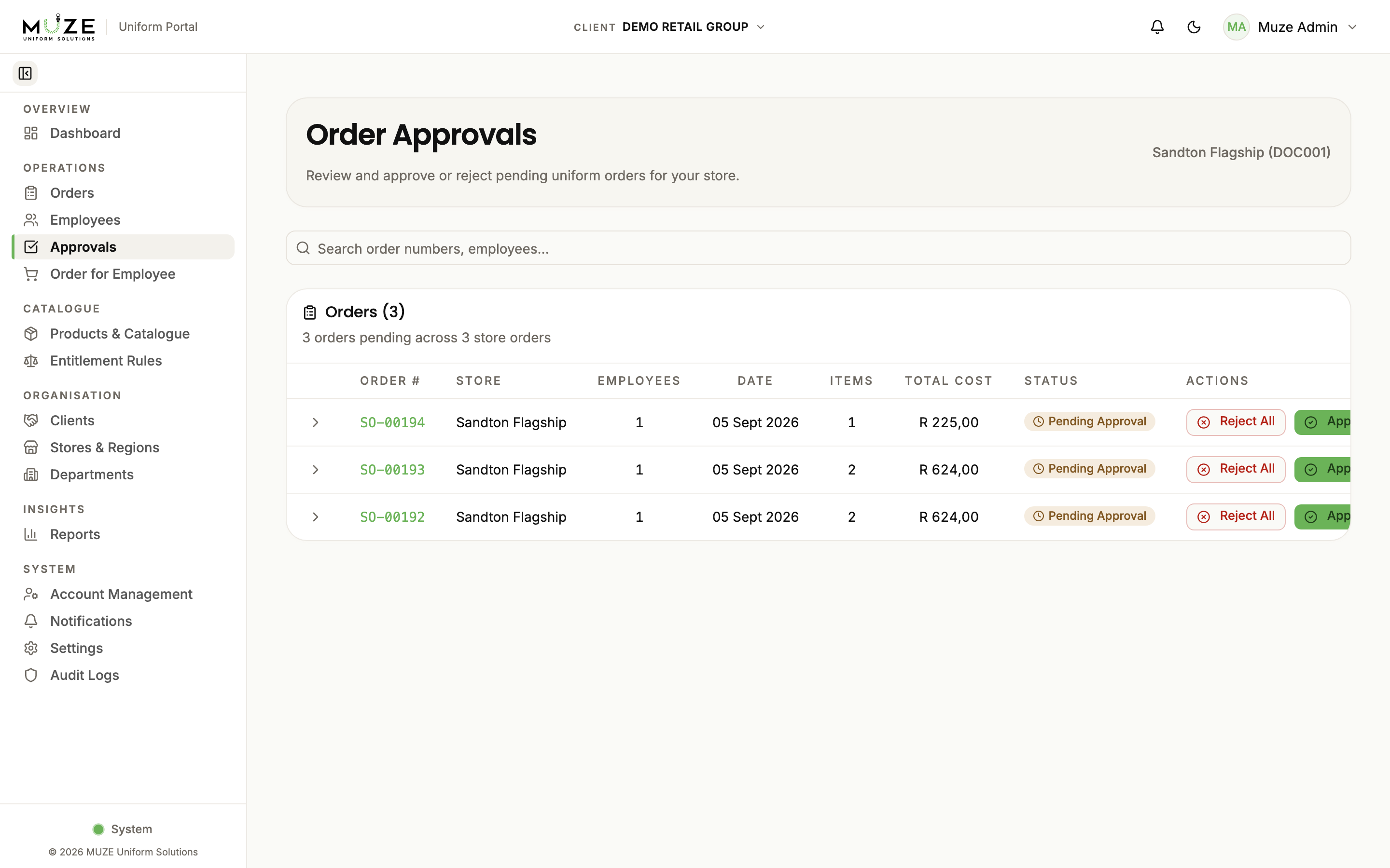 The approvals queue with pending store order batches