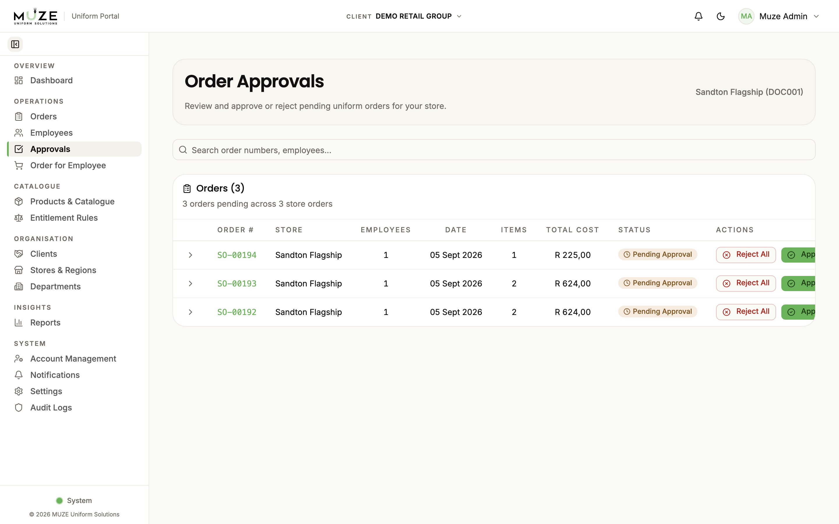 The approvals queue with pending store order batches