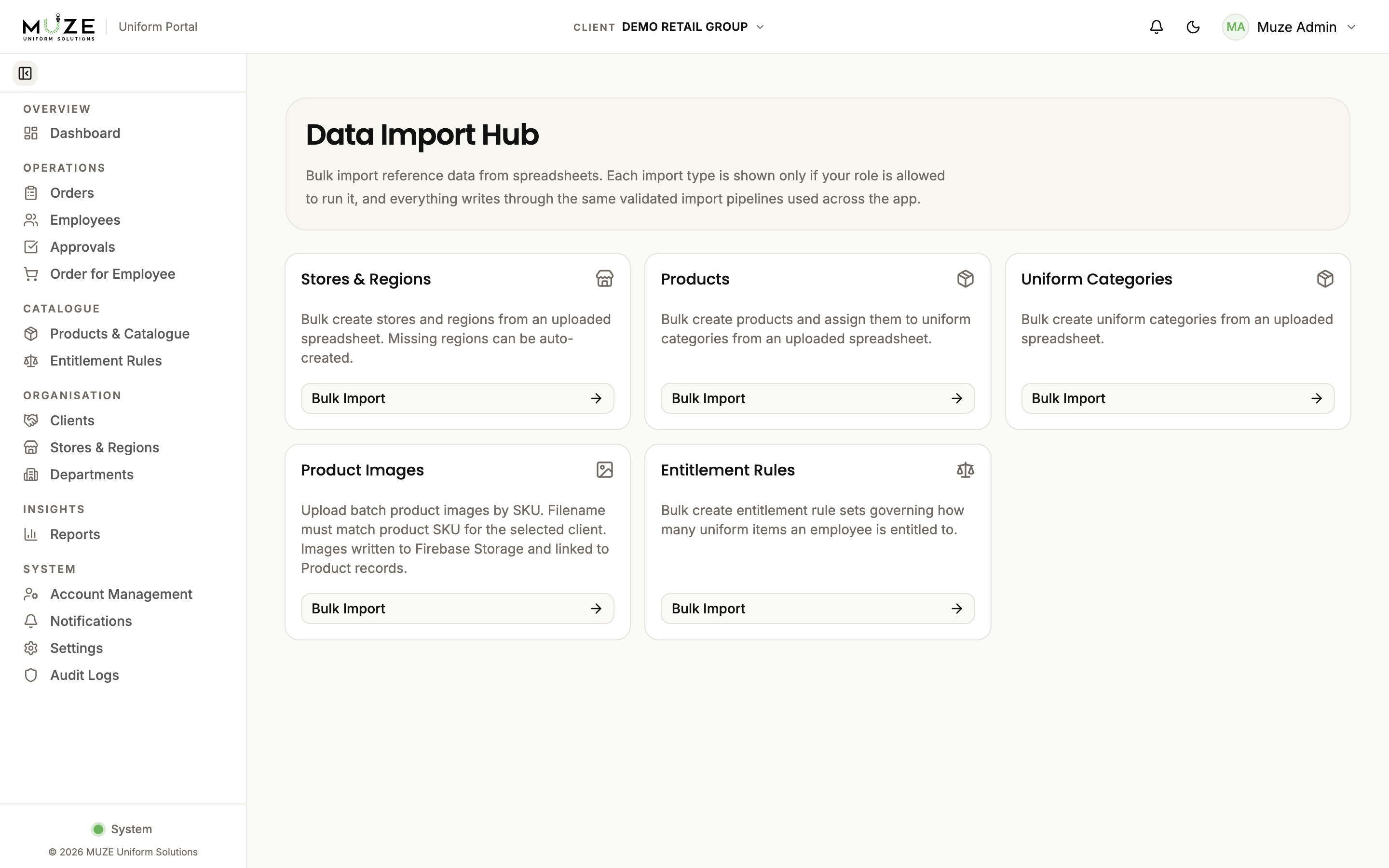 The Data Import Hub with its import cards