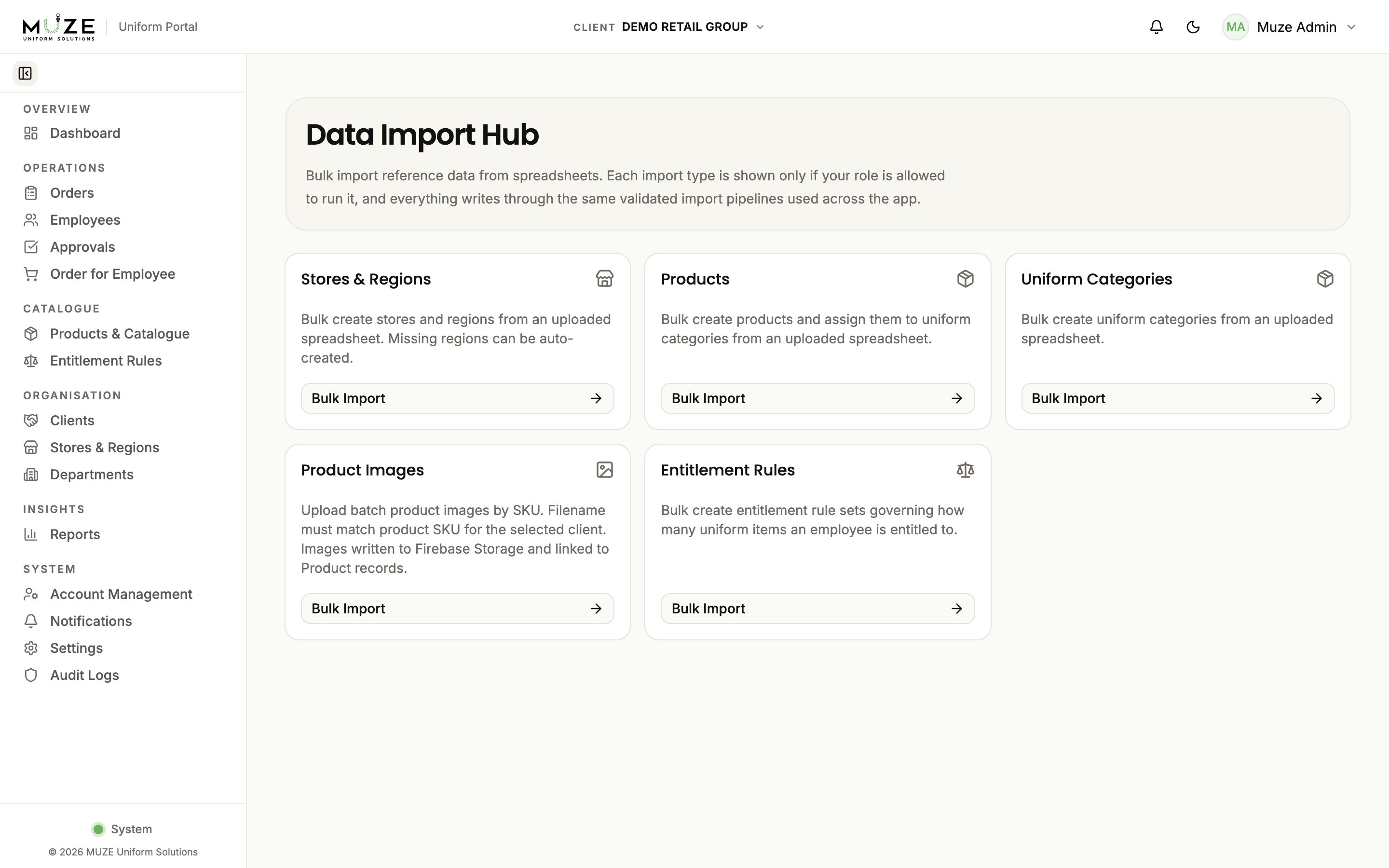 The Data Import Hub with its import cards