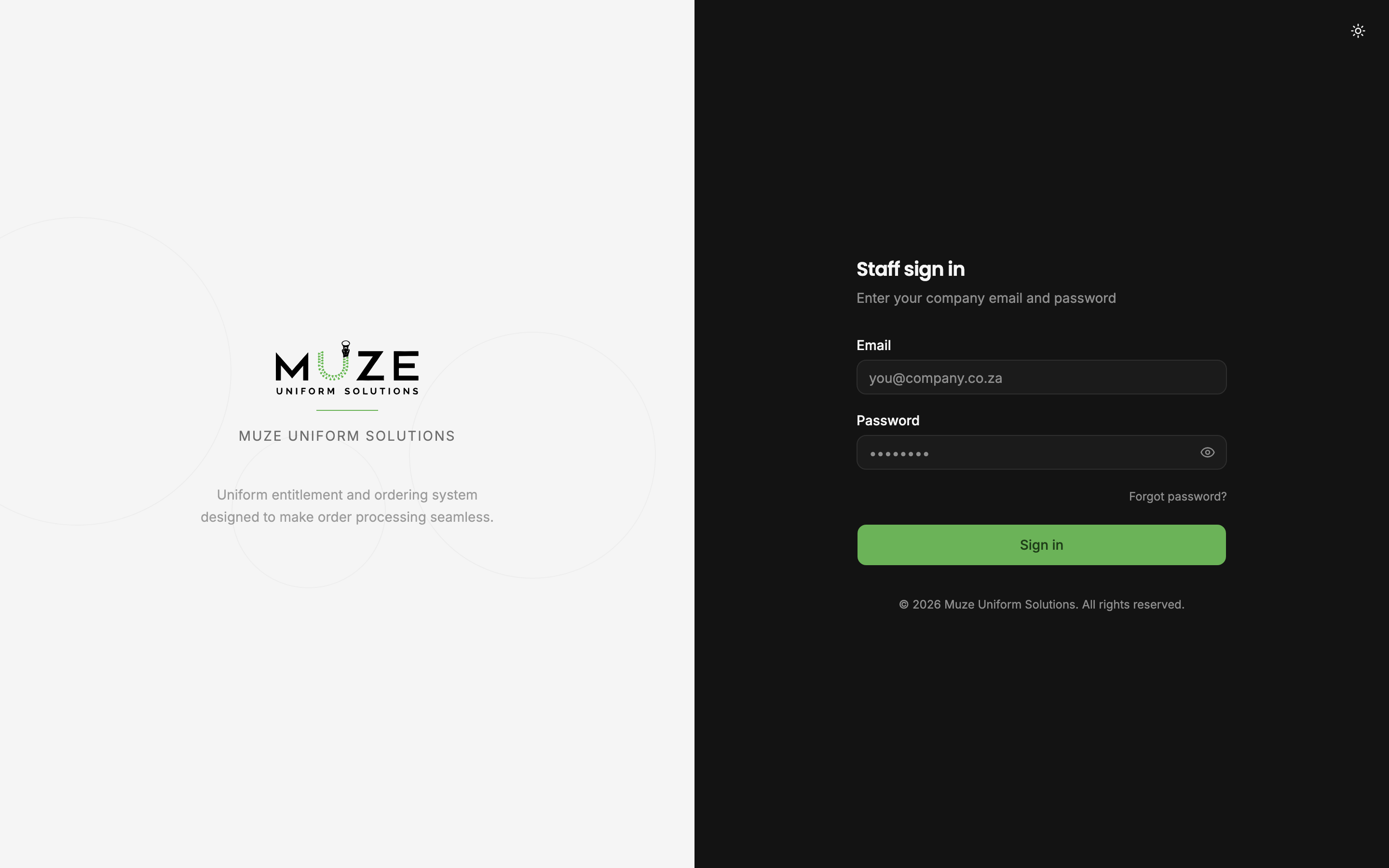 The MUZE staff sign-in screen in dark mode