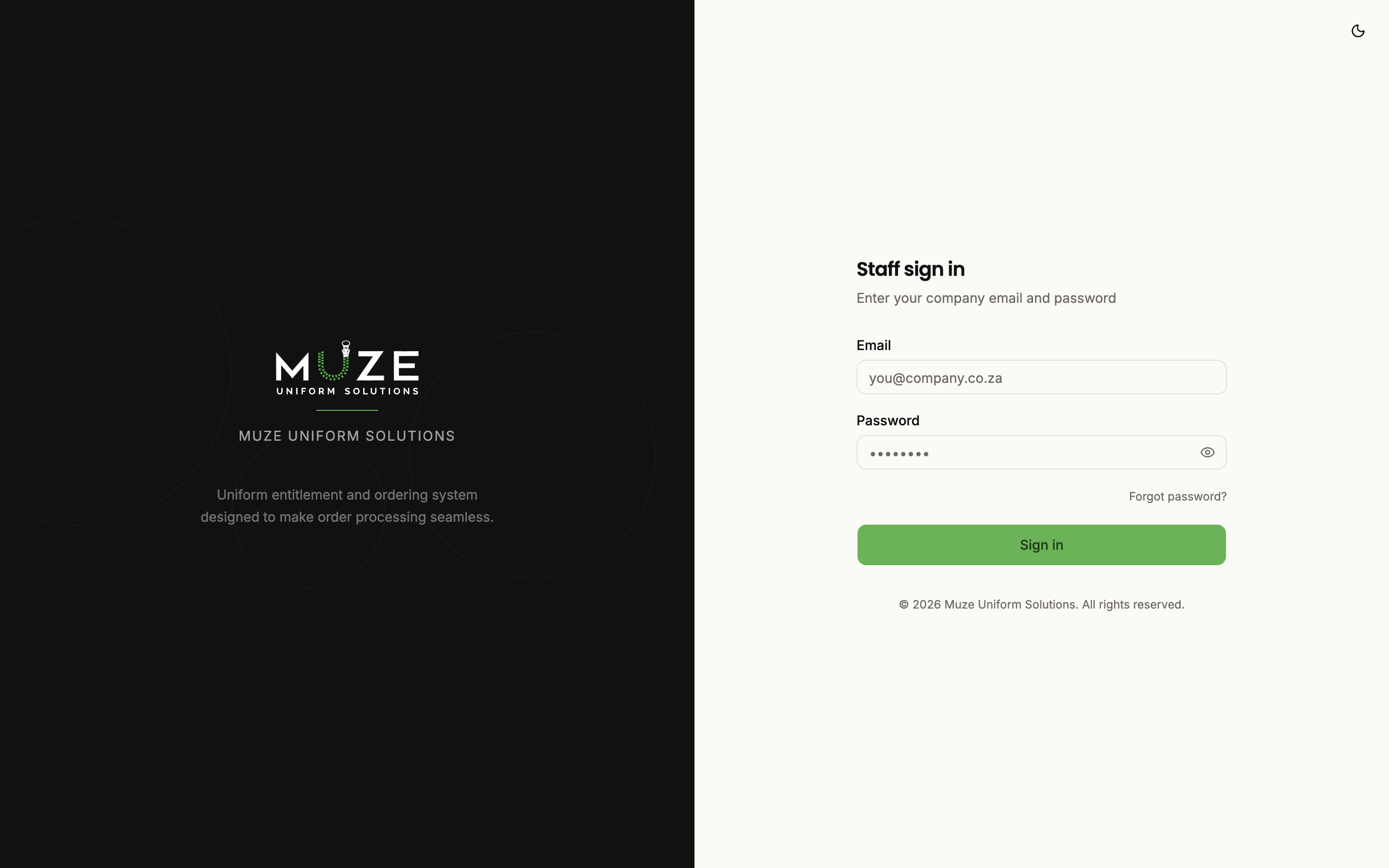 The MUZE staff sign-in screen in light mode