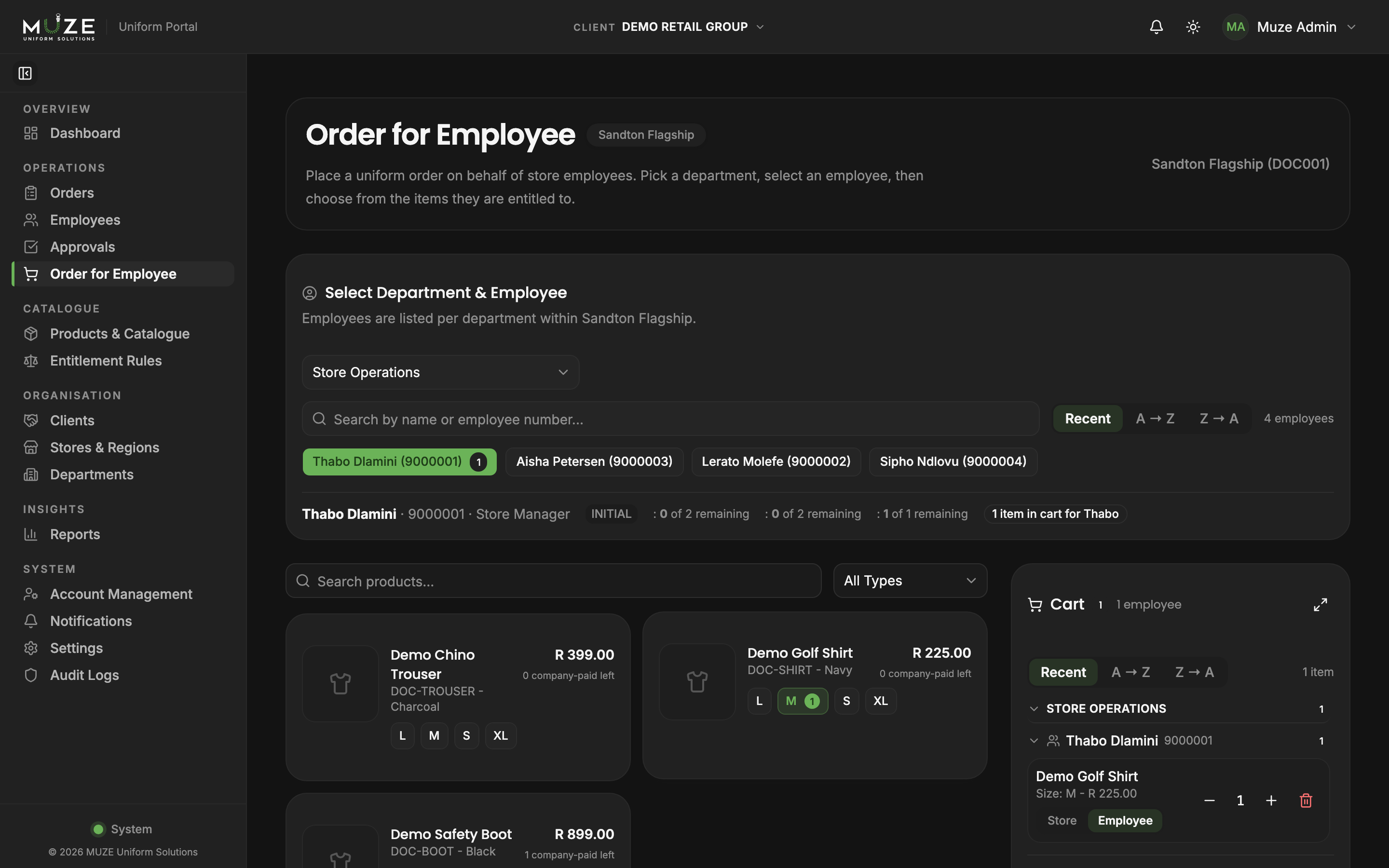 The ordering workspace in dark mode with the cart populated