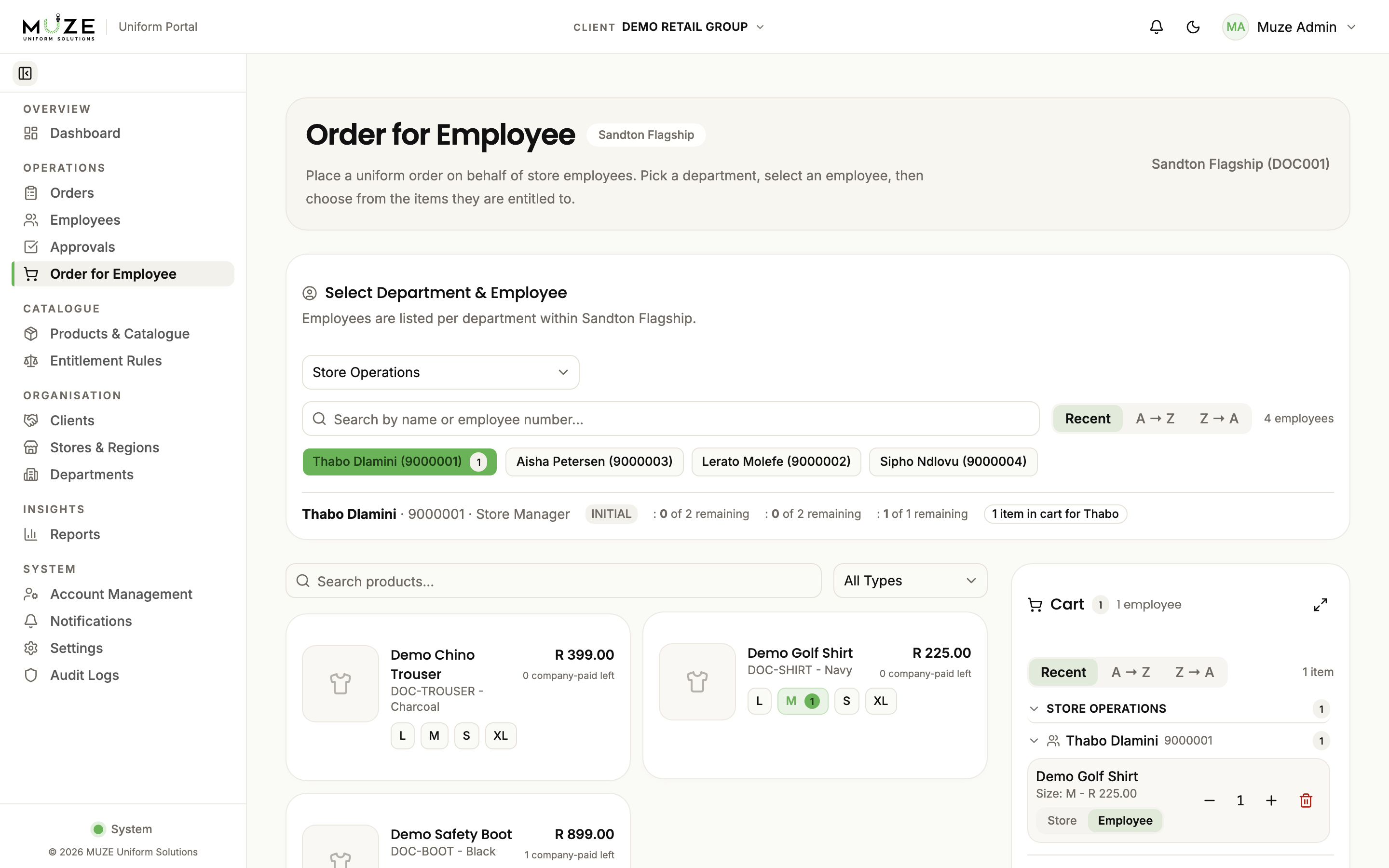 The ordering workspace: employee selection with entitlement balances, products, and the cart