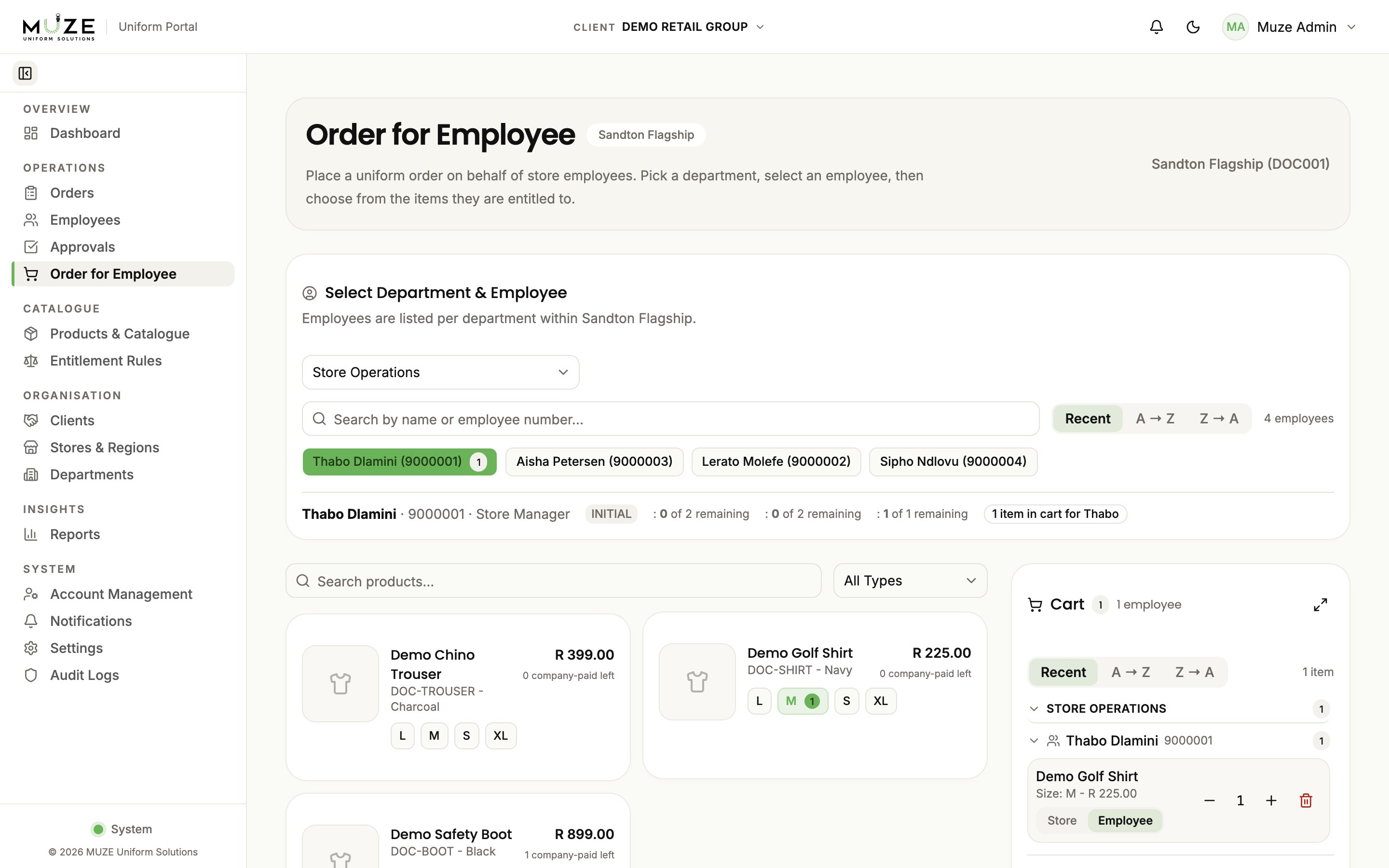 The ordering workspace: employee selection with entitlement balances, products, and the cart