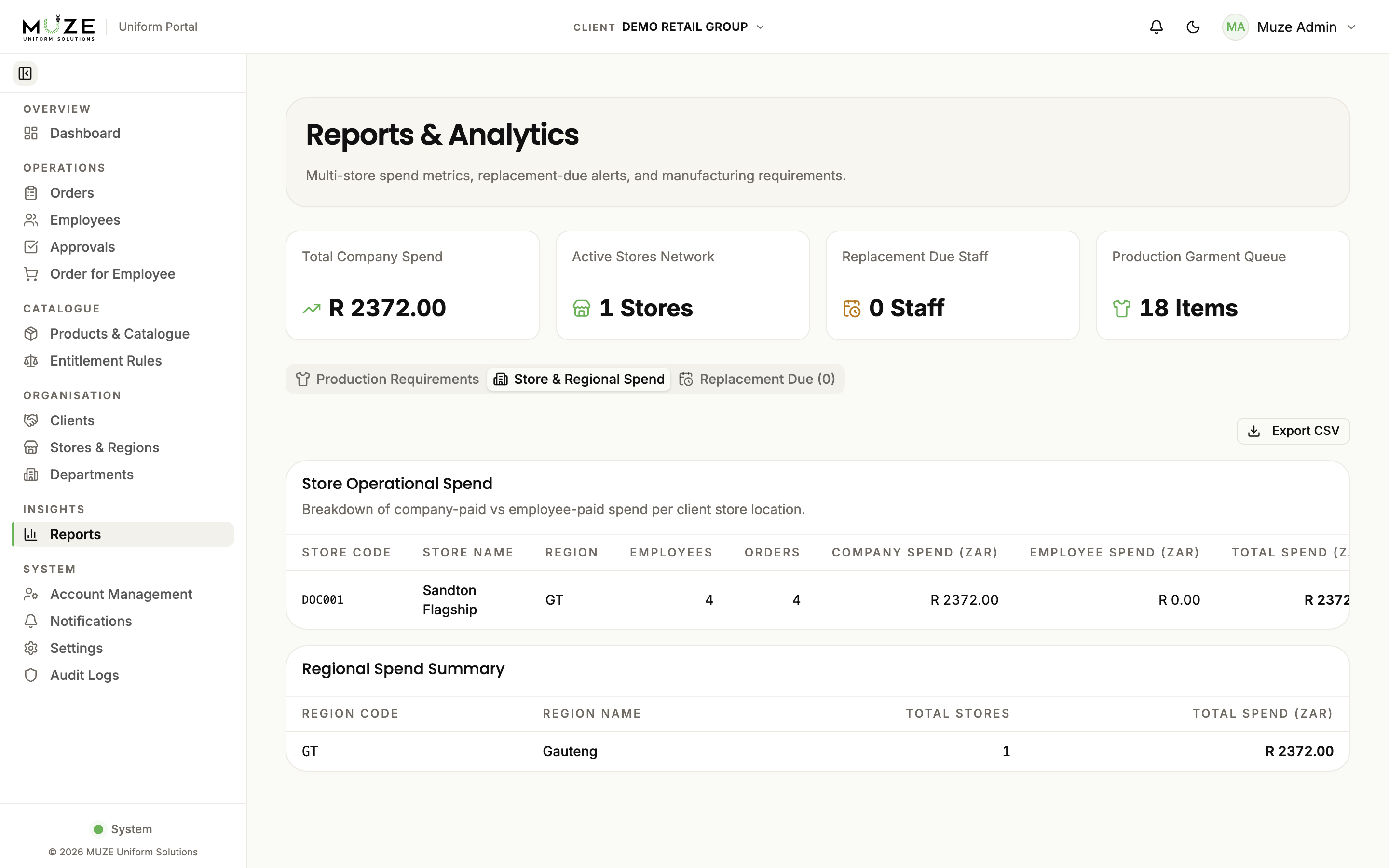 The Reports page with summary cards and report tabs