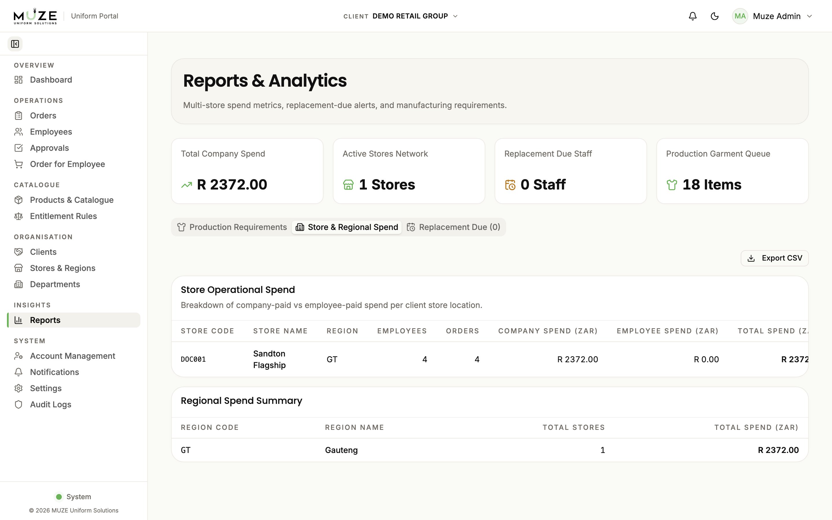 The Reports page with summary cards and report tabs