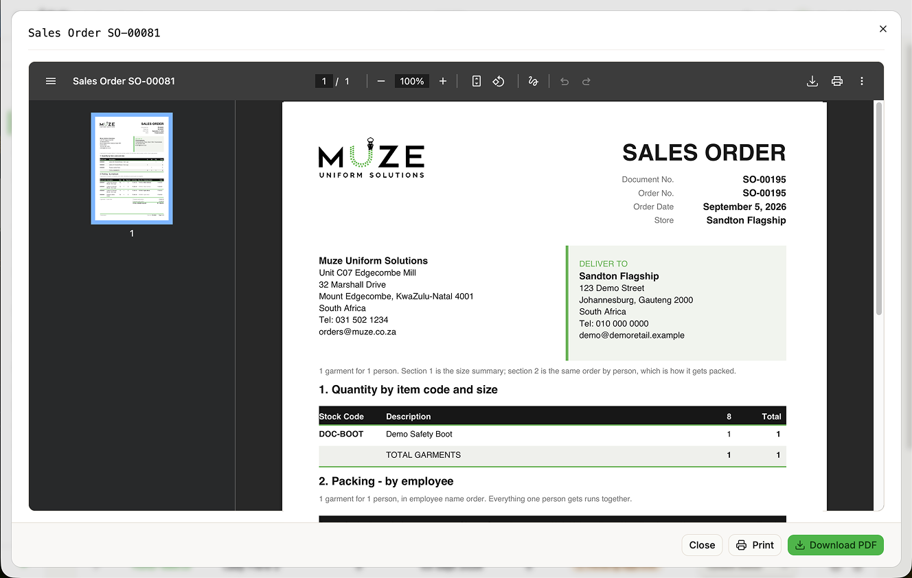 A generated Sales Order PDF showing the quantity matrix and packing list