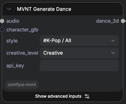 MVNT Generate Dance node in ComfyUI