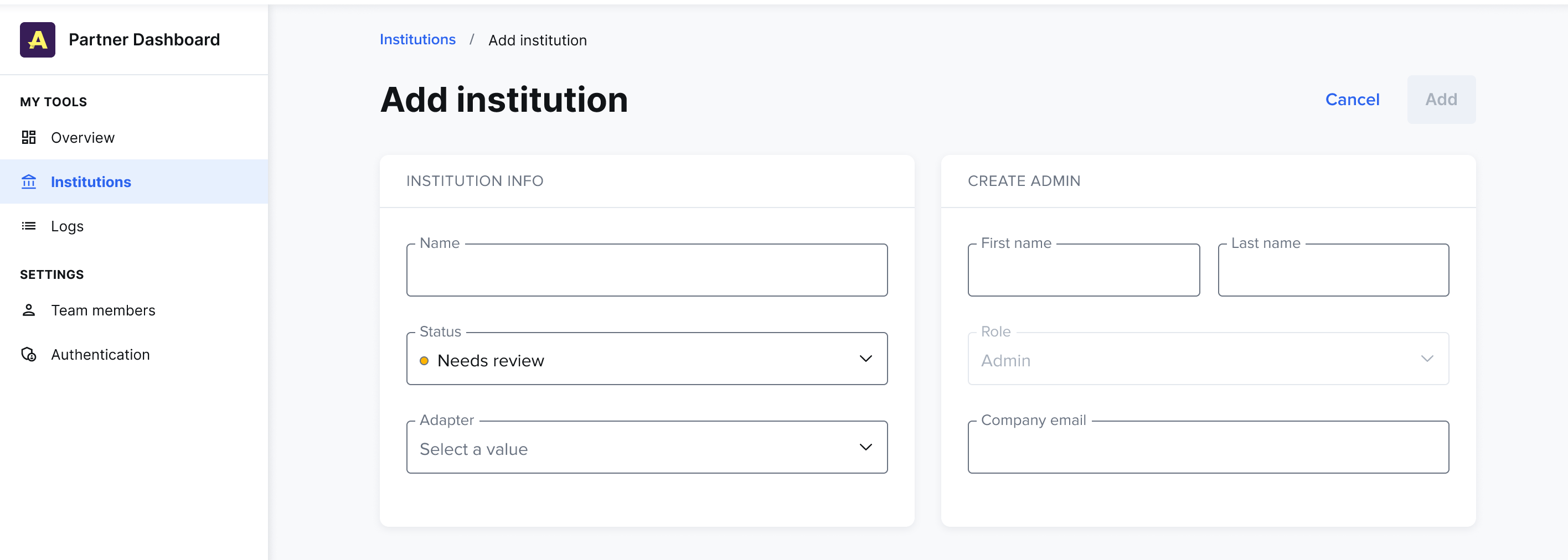 Add an institution screen
