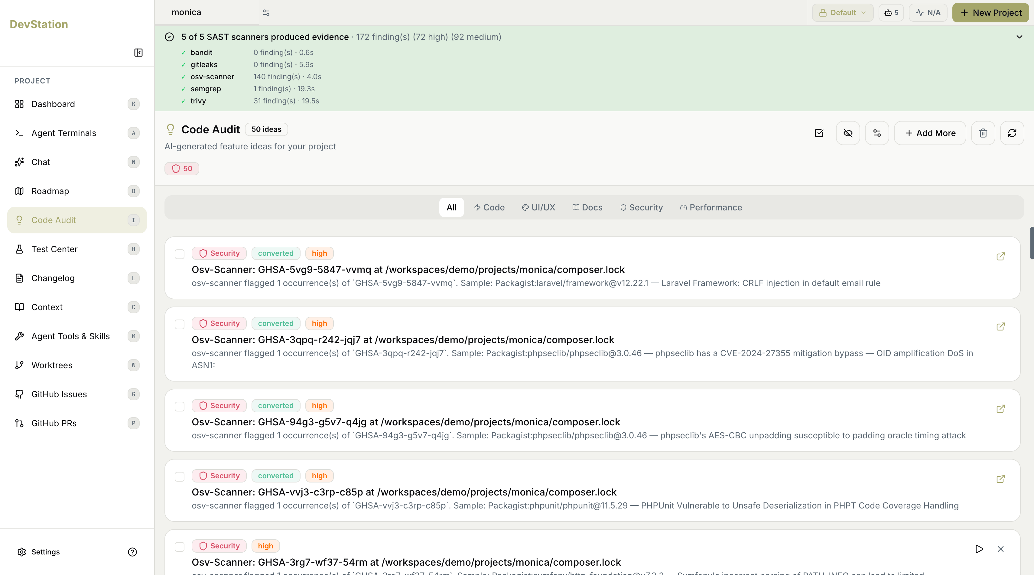 Code Audit page, Security filter active