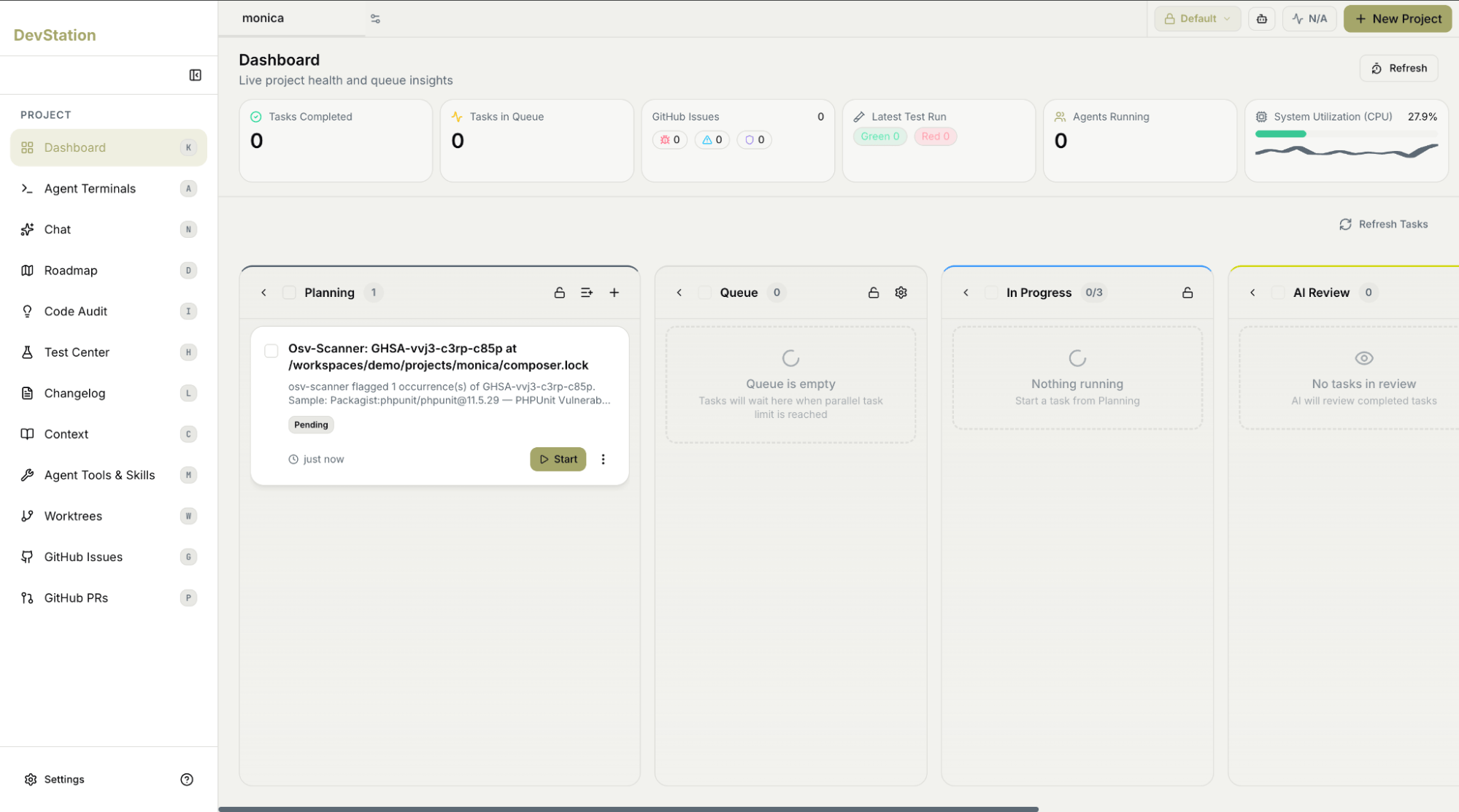 Dashboard, new task in the Planning column