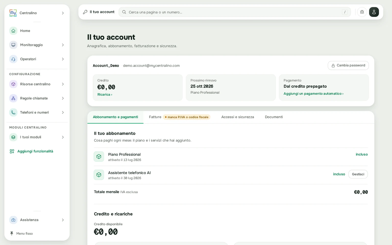 Il tuo account, scheda Abbonamento e pagamenti