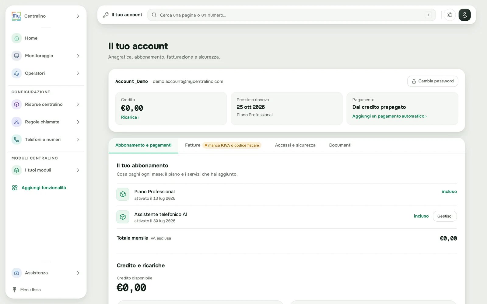 Il tuo account, scheda Abbonamento e pagamenti