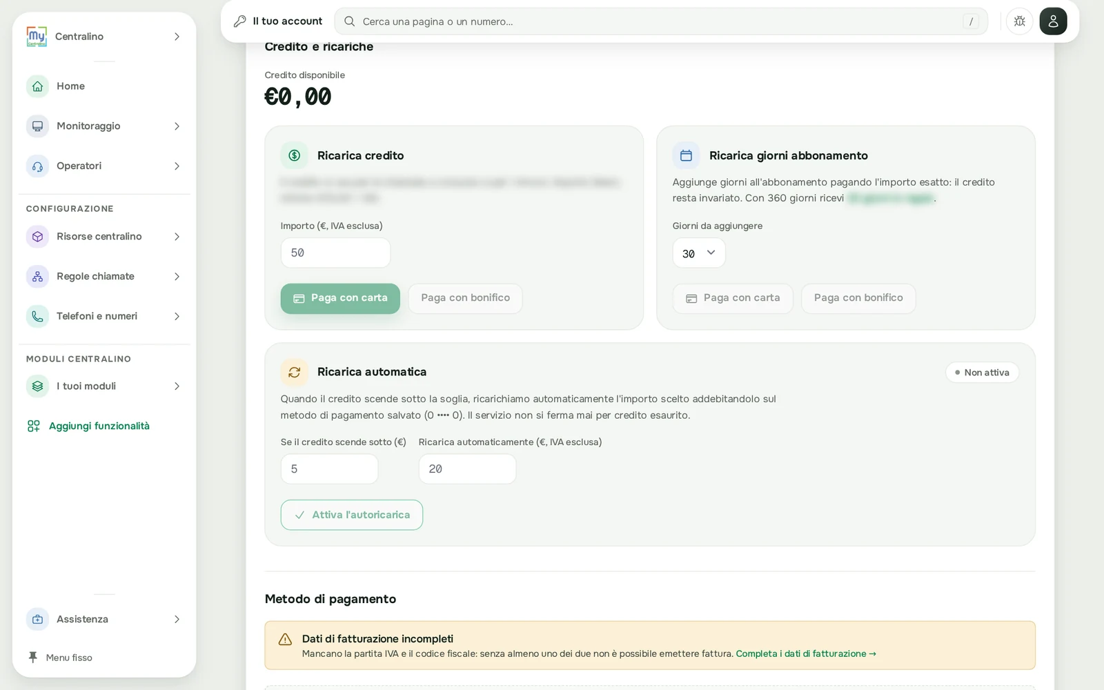 Credito e ricariche