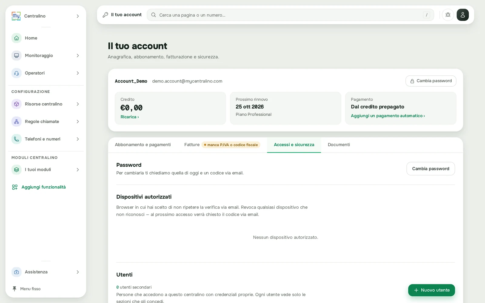 La scheda Accessi e sicurezza: password e dispositivi autorizzati