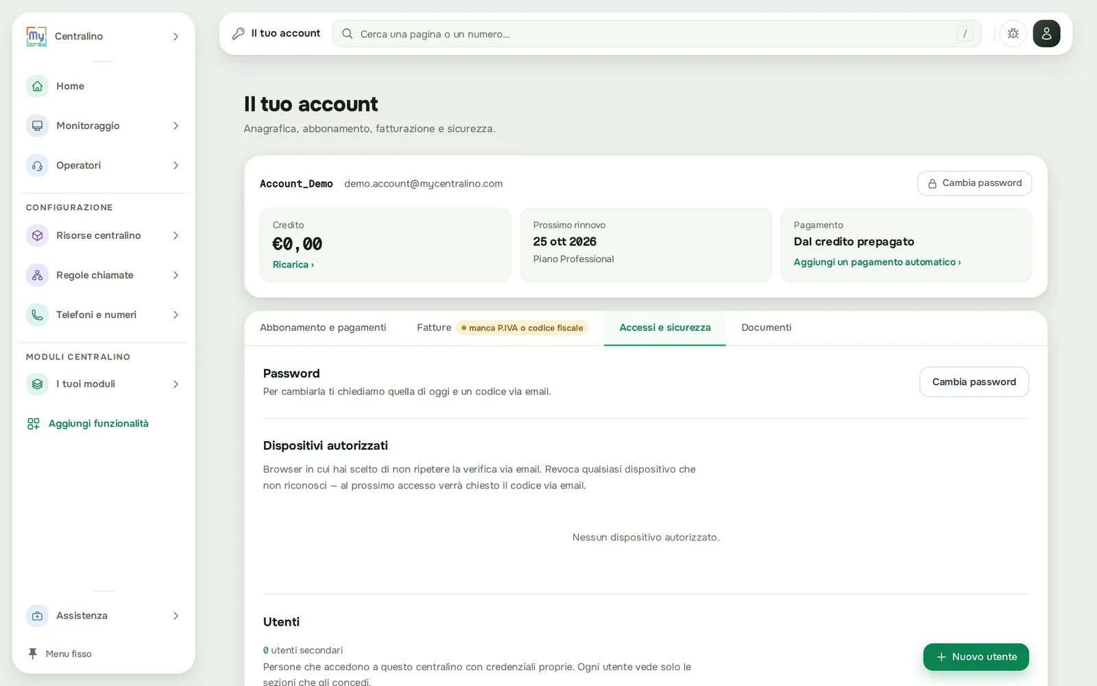 La scheda Accessi e sicurezza: password e dispositivi autorizzati