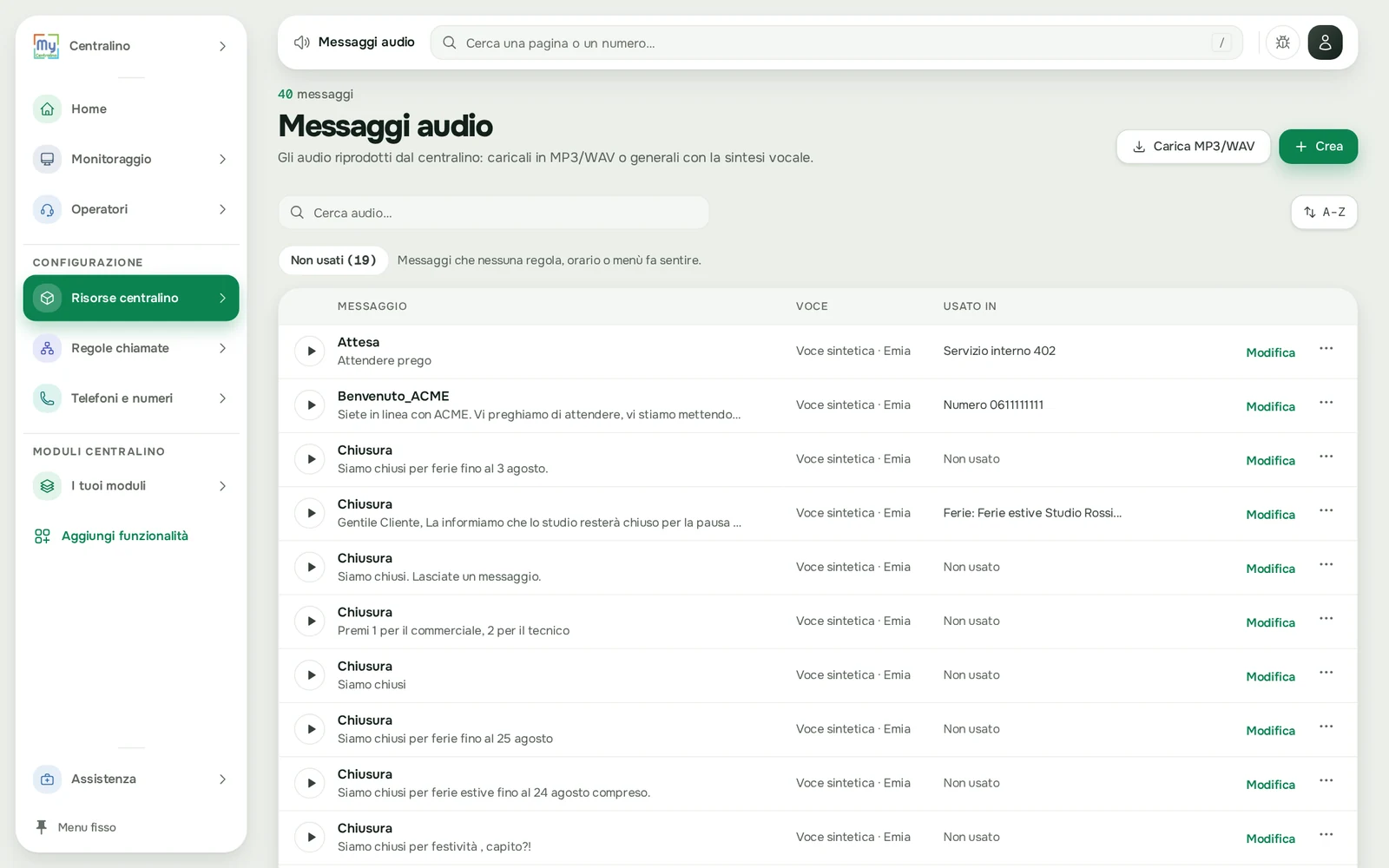 L'elenco dei Messaggi audio con la colonna Usato in