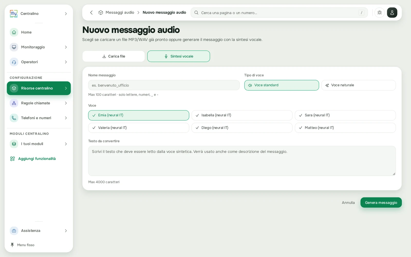 Nuovo messaggio audio con la sintesi vocale