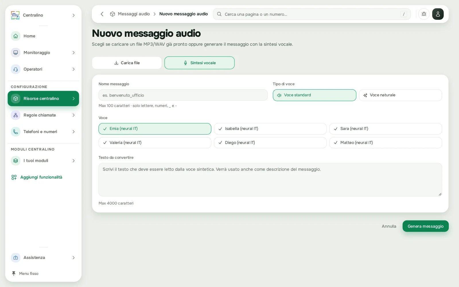 Nuovo messaggio audio con la sintesi vocale