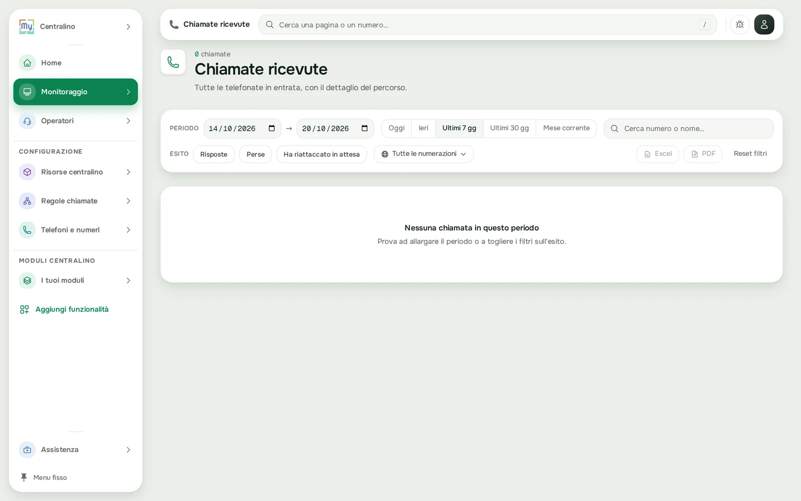 Chiamate ricevute: periodo, esito e ricerca