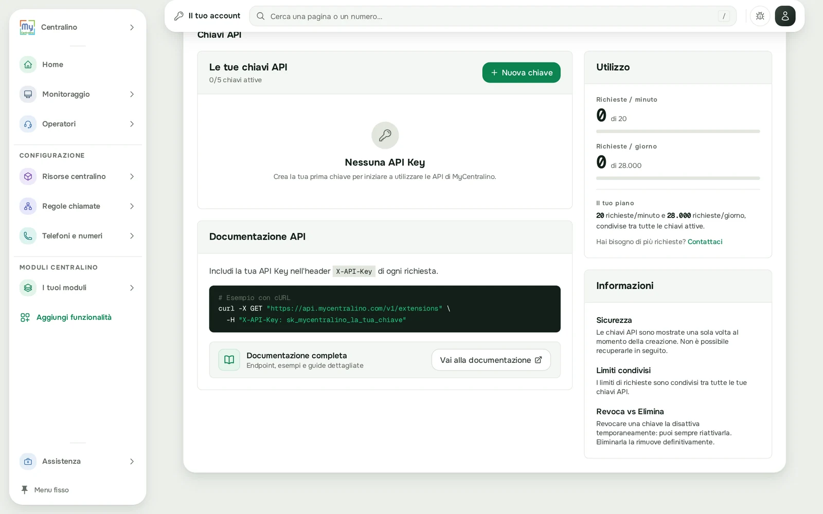 Le tue chiavi API e l'utilizzo