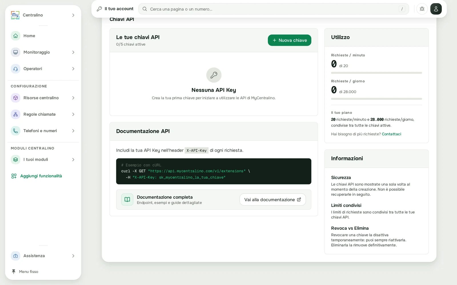 Le tue chiavi API e l'utilizzo