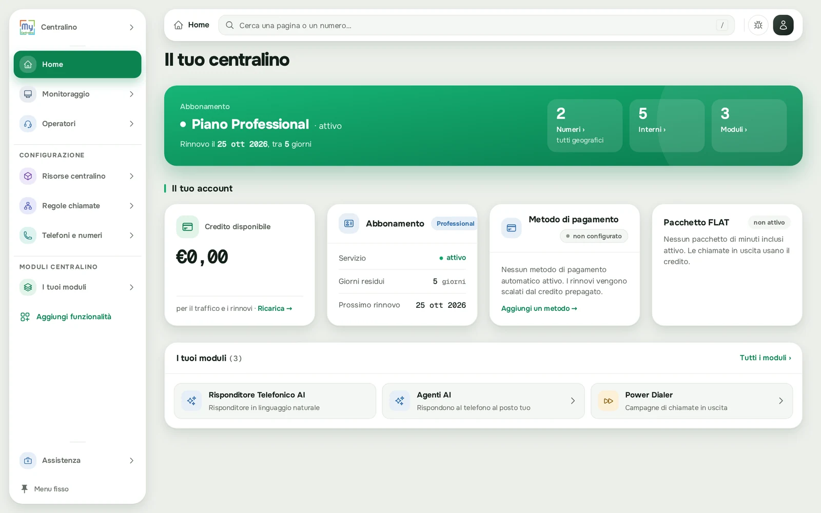 La Home: abbonamento, numeri, interni, moduli e il riquadro Il tuo account
