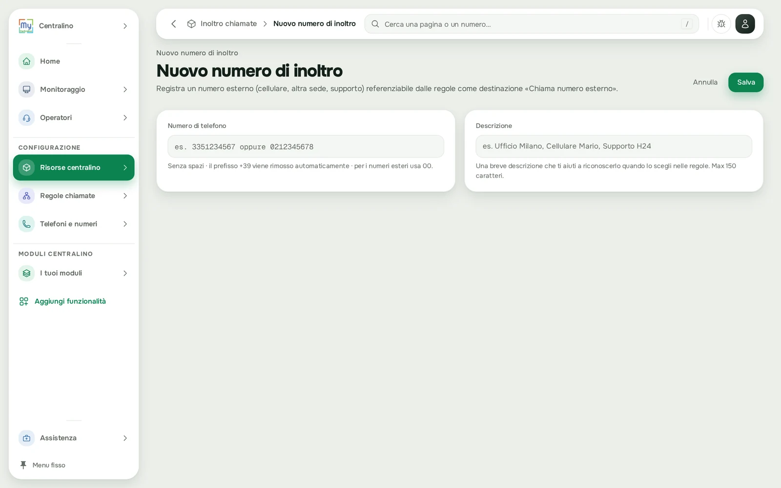 Nuovo numero di inoltro
