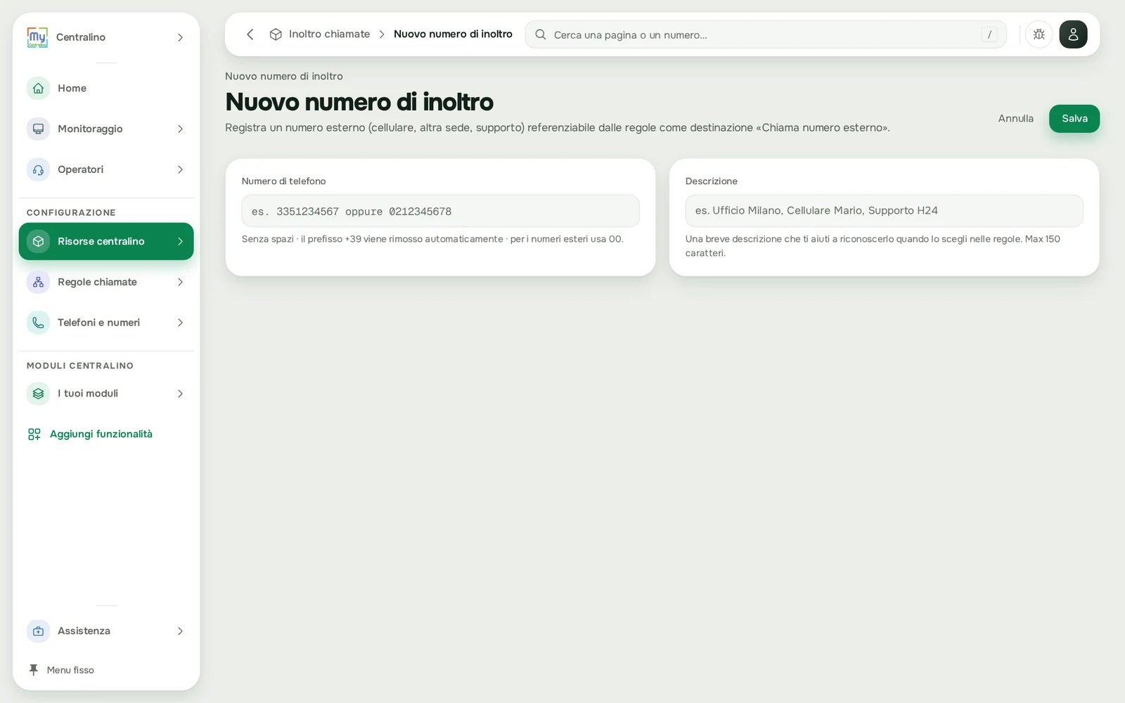 Nuovo numero di inoltro