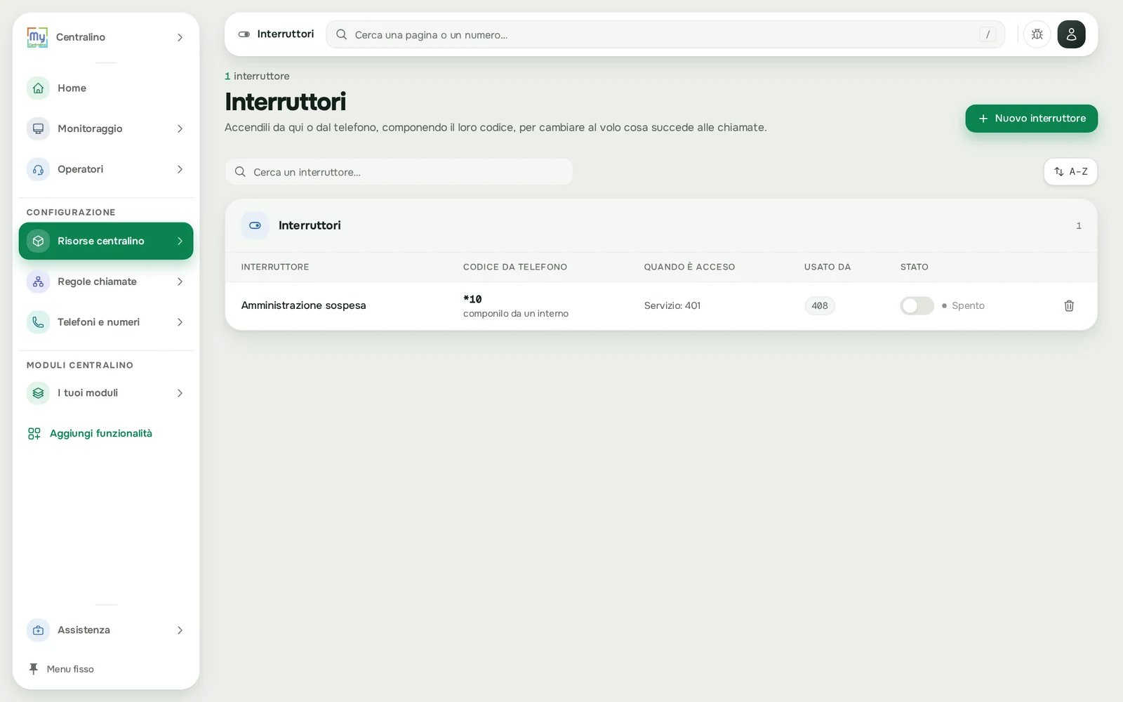 L'elenco degli Interruttori con il codice da telefono e lo stato