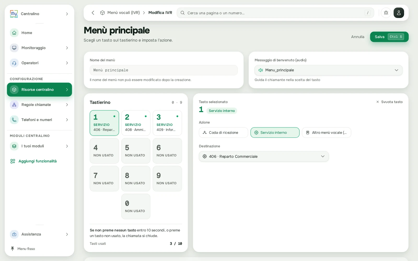 La pagina di un menù vocale: tastierino e azione del tasto scelto