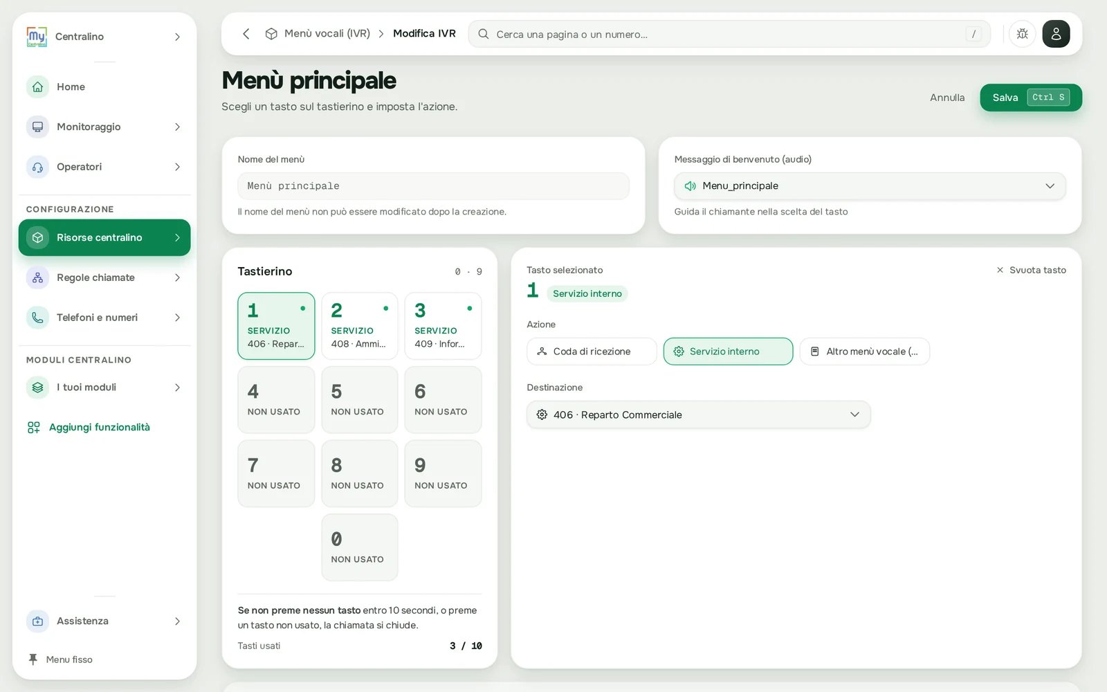 La pagina di un menù vocale: tastierino e azione del tasto scelto