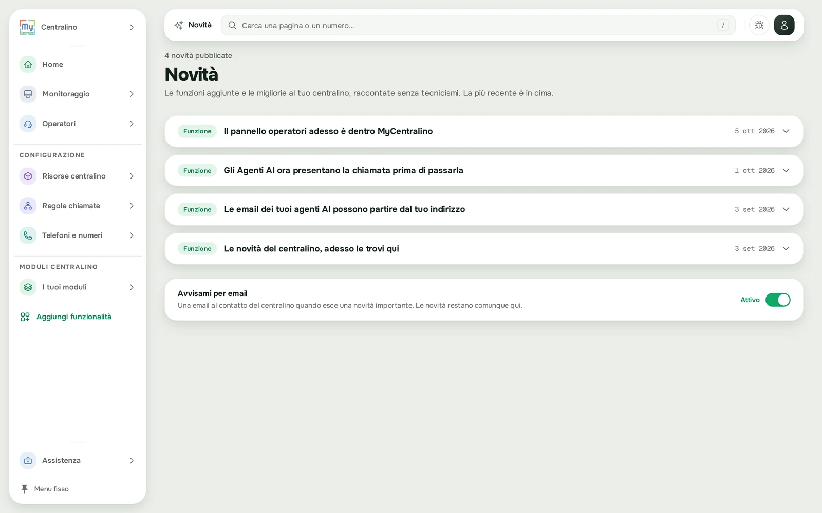 La pagina Novità