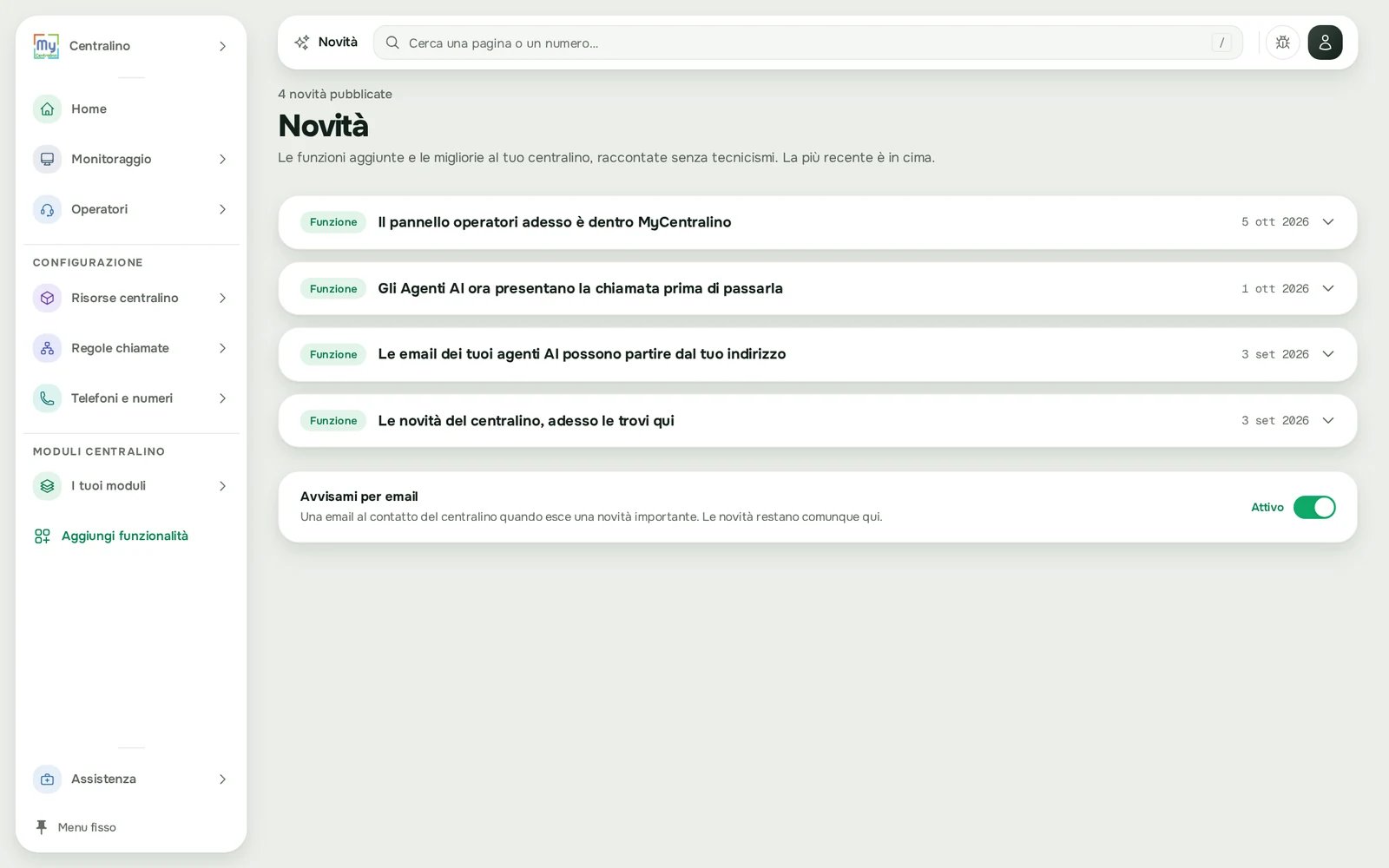 La pagina Novità