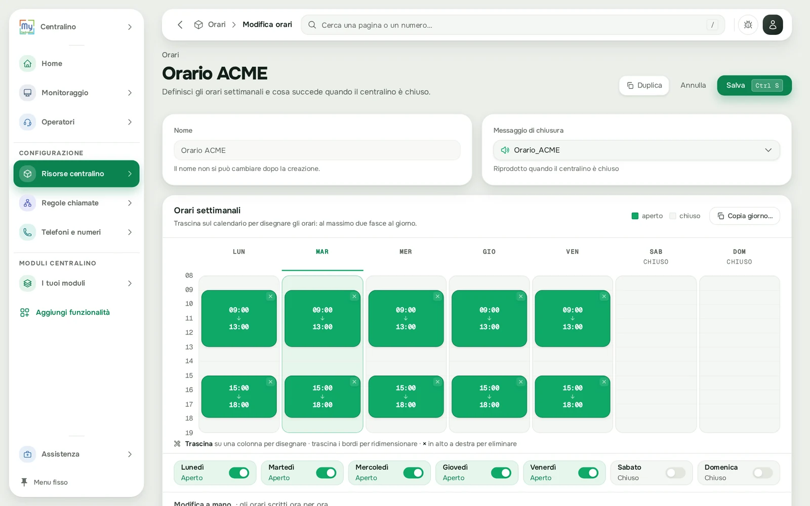 La pagina di un orario con il calendario settimanale