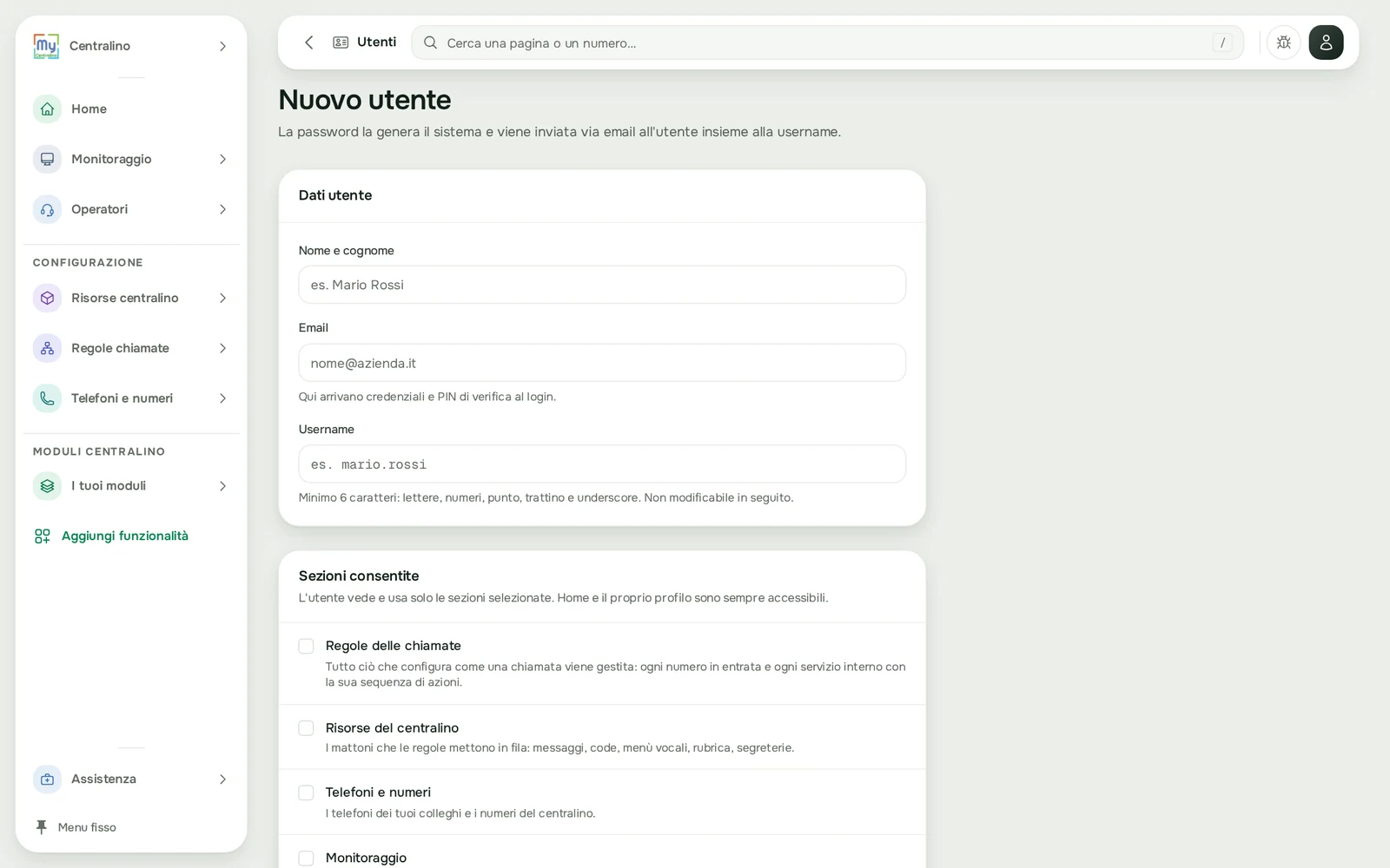 Nuovo utente: dati e sezioni consentite