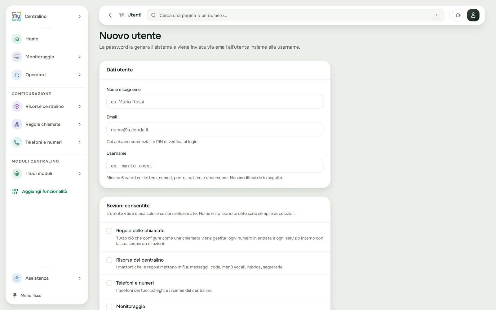 Nuovo utente: dati e sezioni consentite