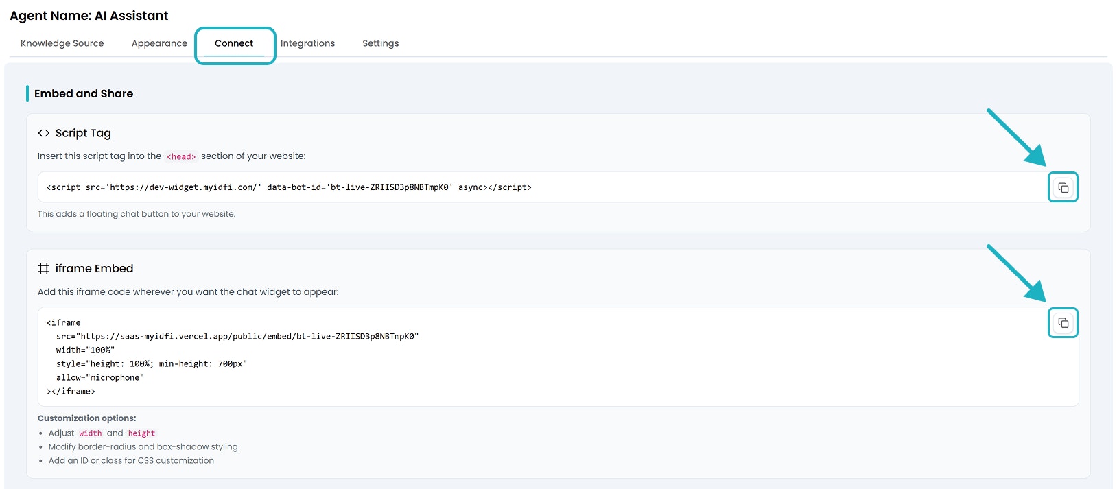 myIDFI AI's Chat Agent Integration