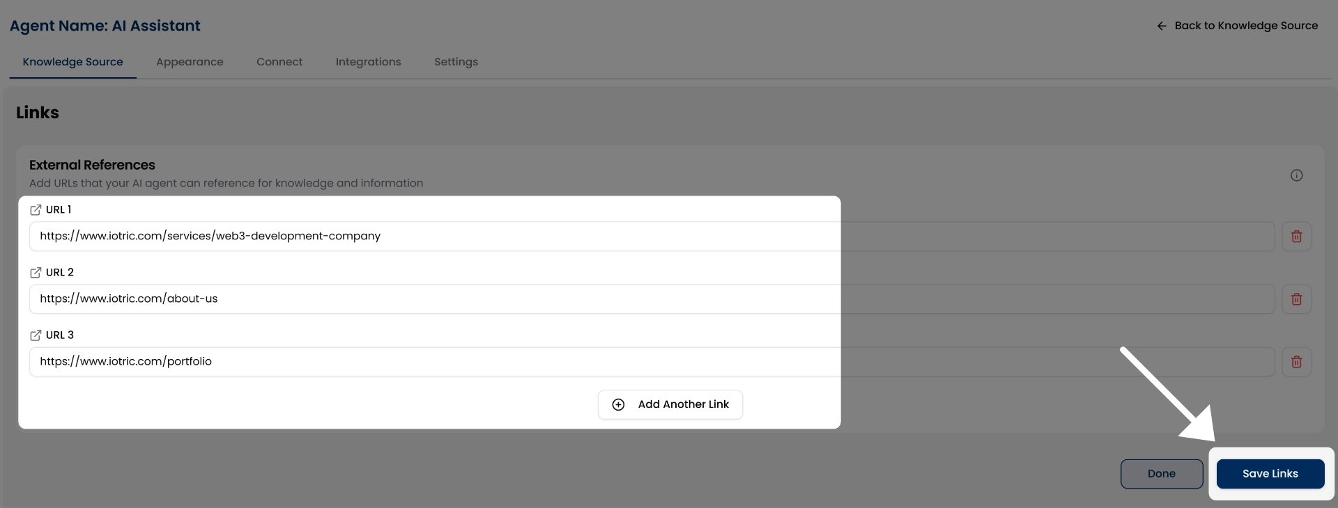 Save External links to train your agent.