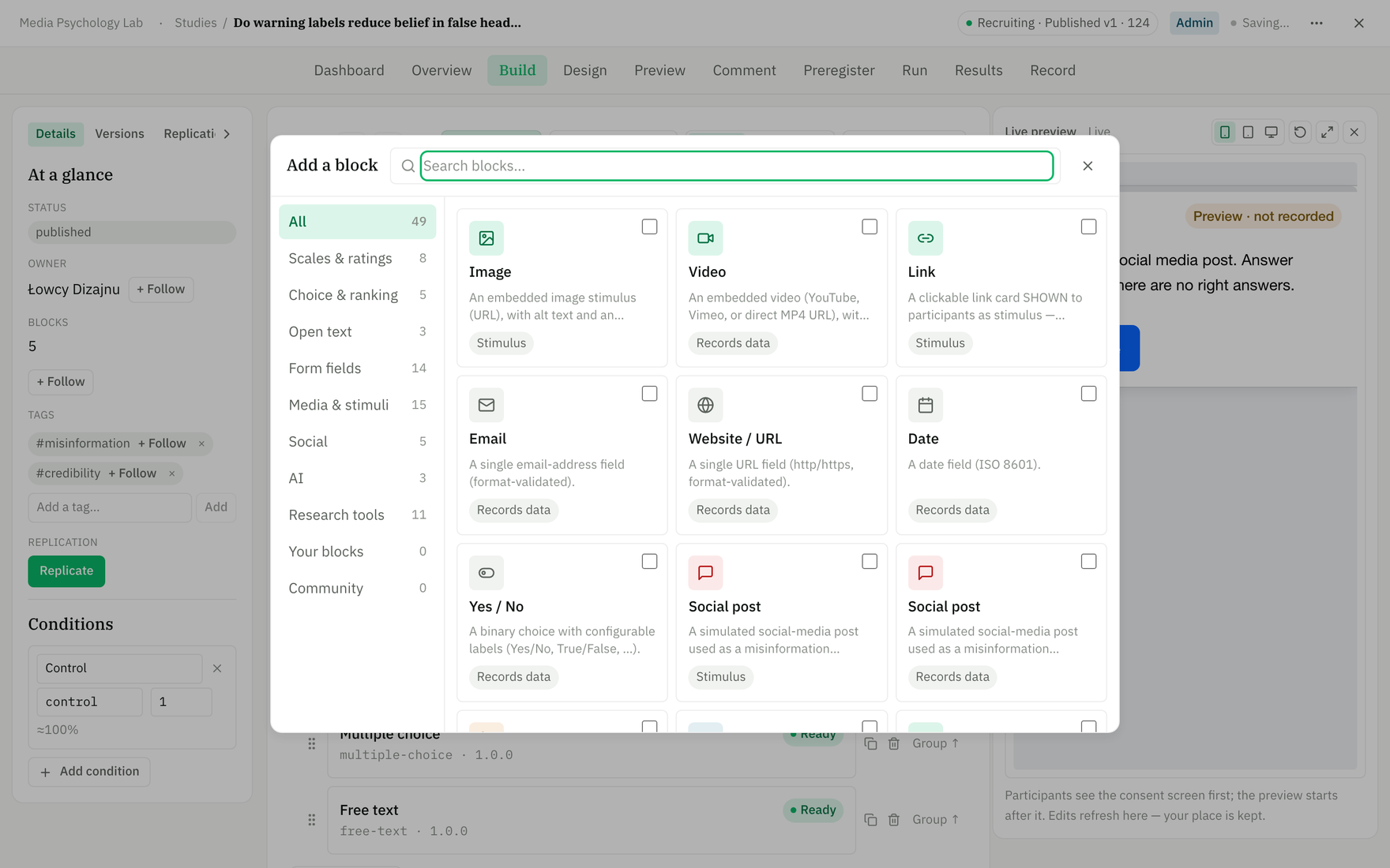 The Add-a-block picker showing categorized blocks