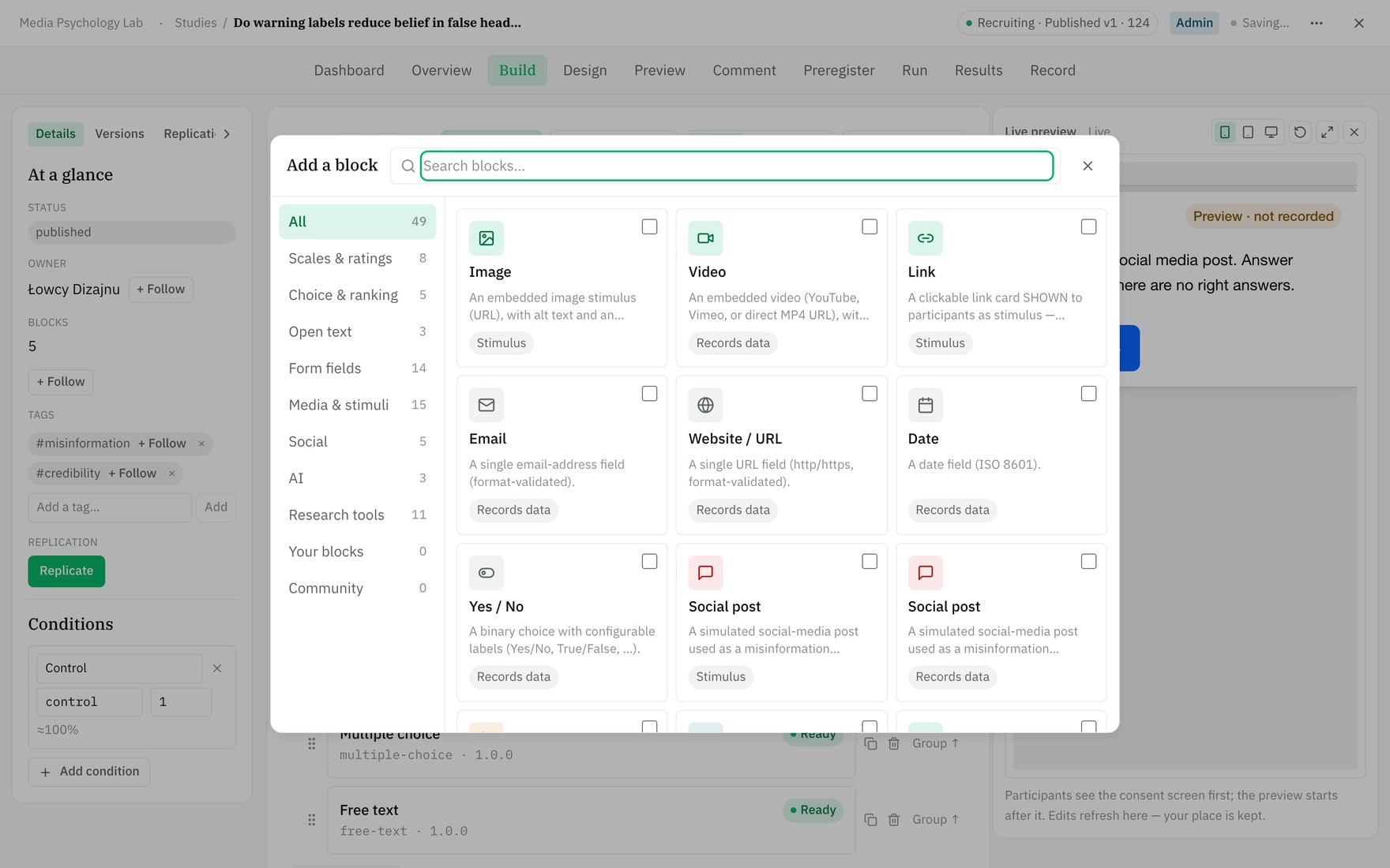 The Add-a-block picker showing categorized blocks