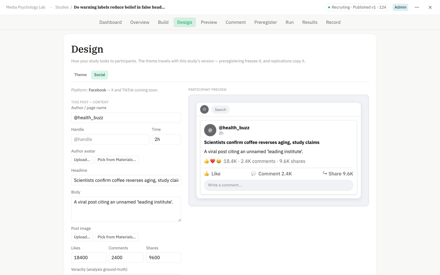 The Design workspace social-post styling tab