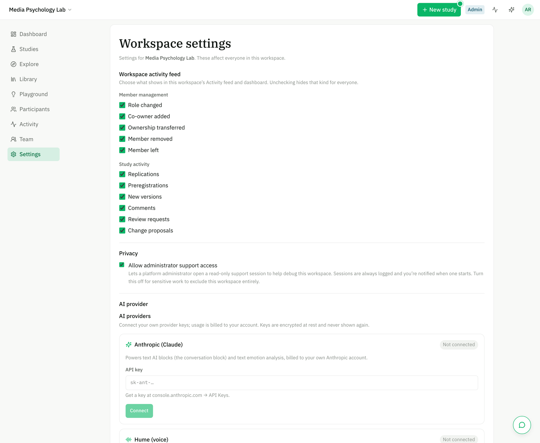 The AI providers settings with the Anthropic connect card