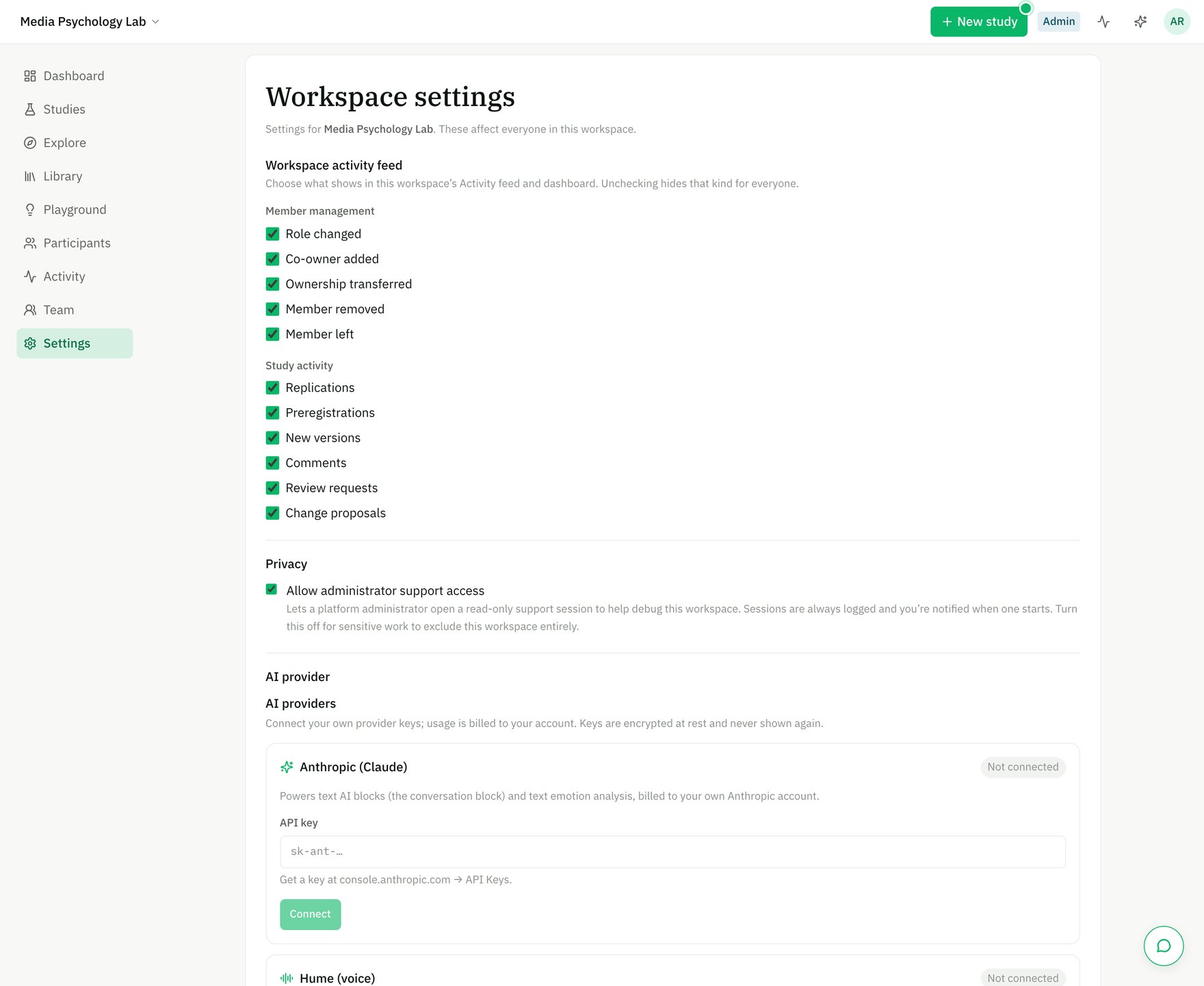 The AI providers settings with the Anthropic connect card
