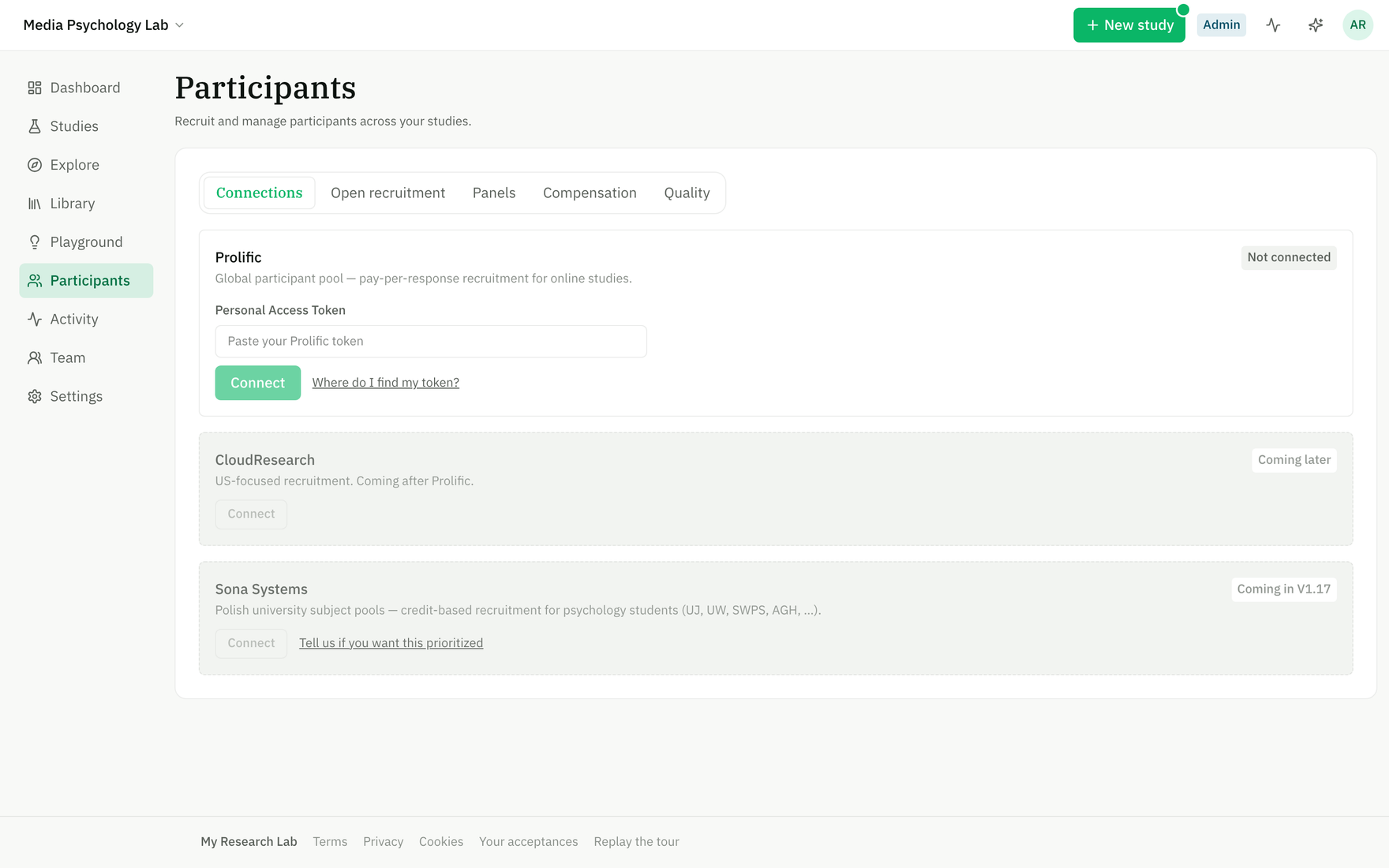 The Connections page with the Prolific connect form